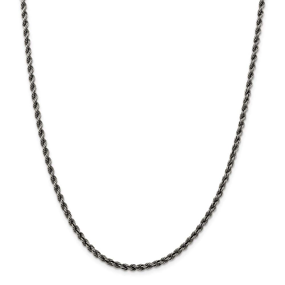 Roy Rose Jewelry - Sterling Silver Ruthenium Plated 3mm Rope Chain Necklace for Men & Women | Durable Everyday Wear, Layering & Gift Giving
