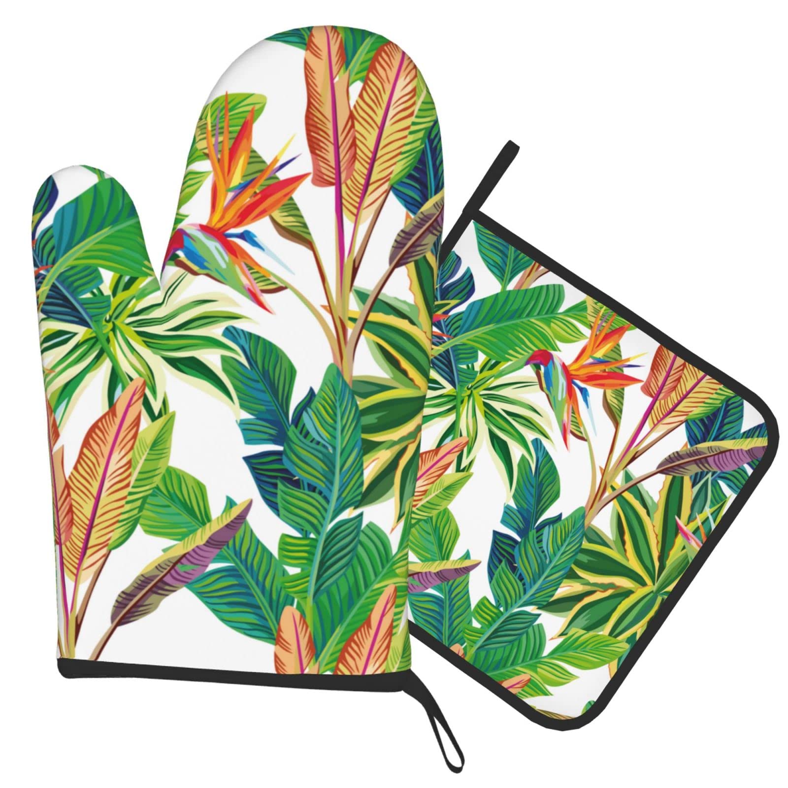 Heat Resistant Oven Mitts and Pot Holder Set - Birds & Leaves Design for Cooking, Baking, BBQ - Microwave Safe Kitchen Gloves for Home Chefs & Grilling Enthusiasts