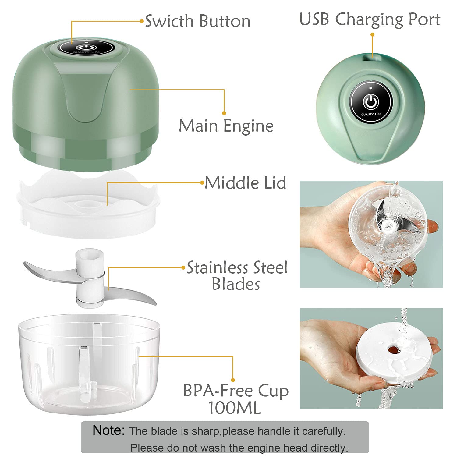 Electric Garlic Chopper & Onion Chopper - USB Rechargeable Mini Food Processor with Brush, 100ml Capacity, Green | Perfect for Kitchen, Camping & Quick Meal Prep