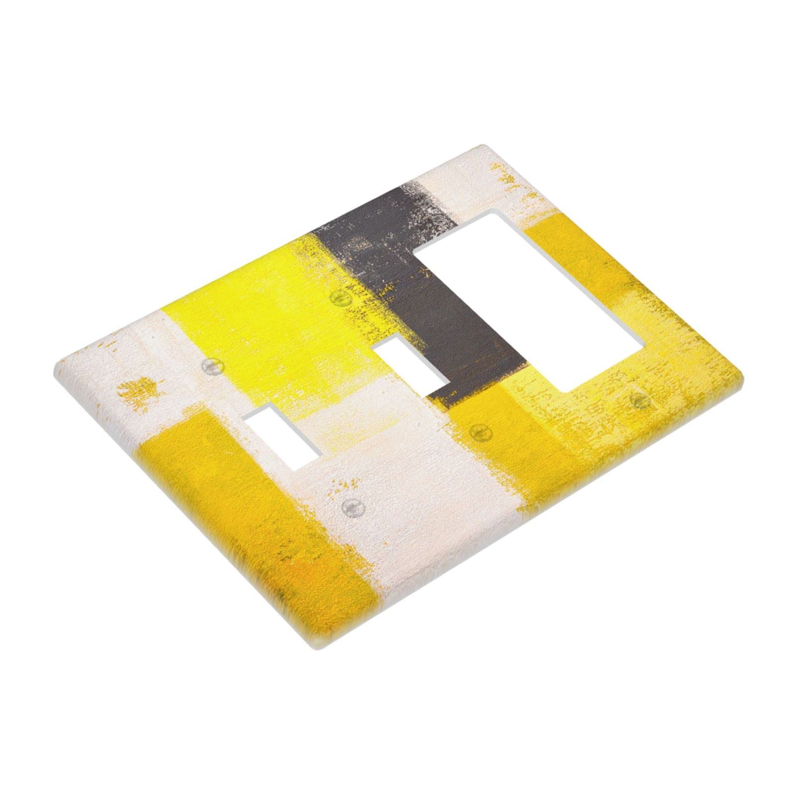 Abstract Yellow Light Switch Cover - Decorative 3 Gang Double Toggle Rocker Wall Plate - Funny Faceplate (4.5