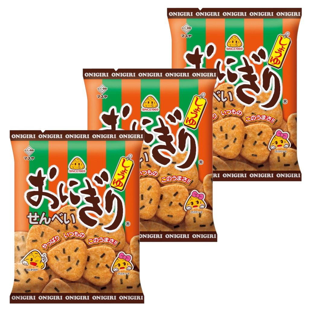 Masuya Onigiri Senbei Soy Sauce Flavored Rice Crackers - 3 Pack | Japanese Snacks for Lunch, Picnics & Tea Time