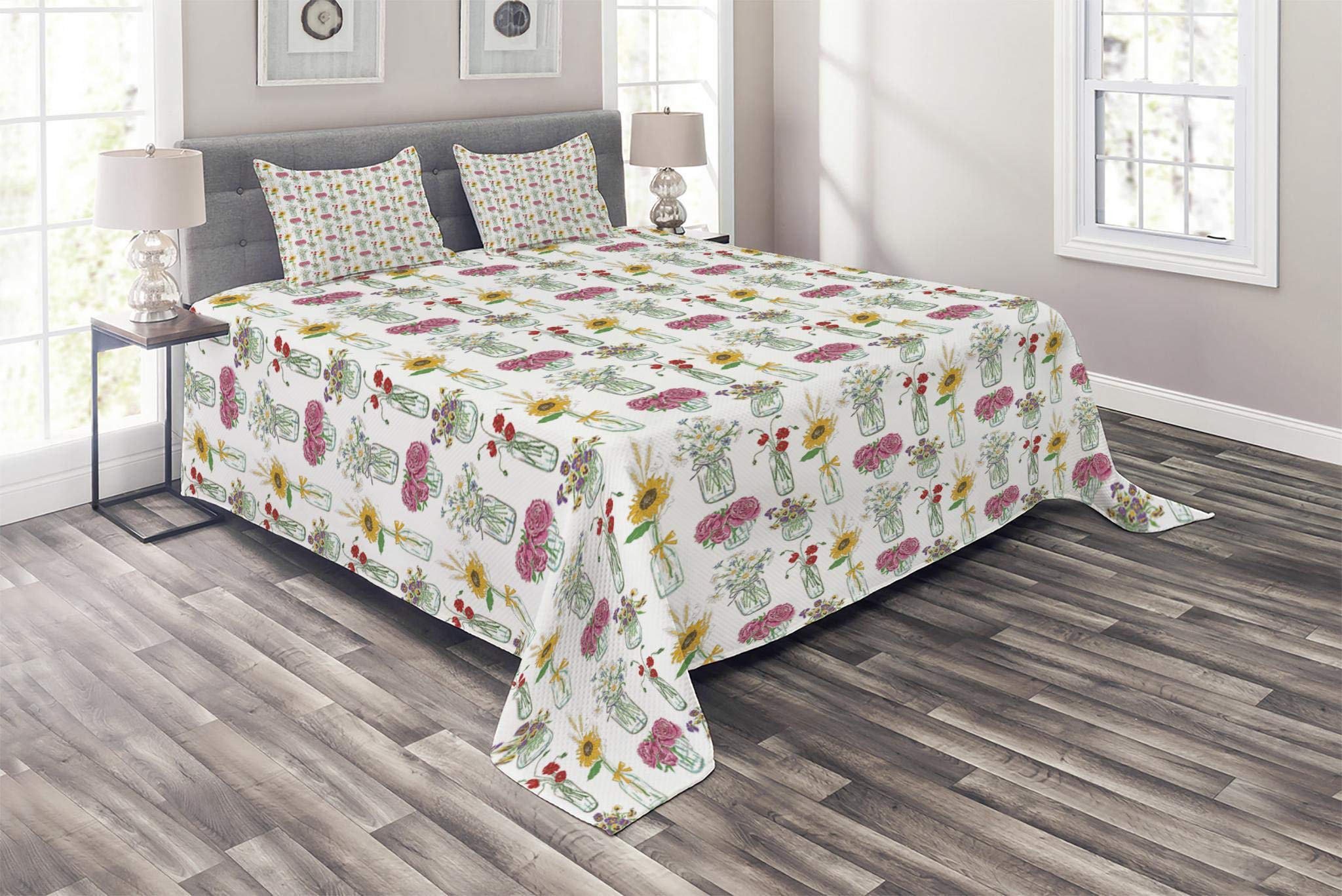 Lunarable Floral Quilt Set - Colorful Sunflowers, Daisies, Chamomiles & Peonies in Mason Jars Design, 3-Piece King Size Bedspread with 2 Pillow Shams | Gardening Theme Bedding for Farmhouse, Cottage & Boho Chic Bedrooms