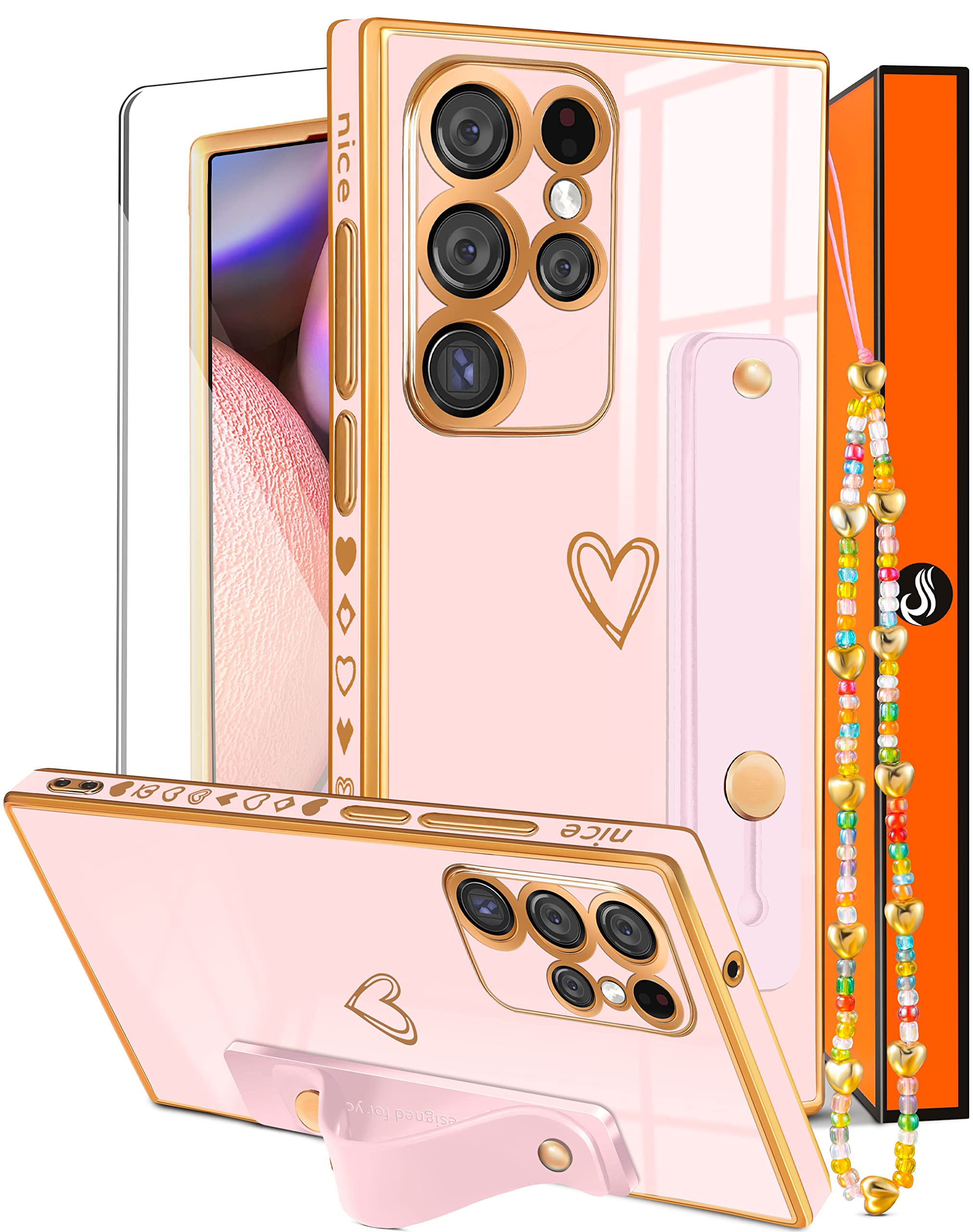 3-in1 Luxury Cute Girly Aesthetic Samsung Galaxy S22 Ultra Case with Heart Design, Pink & Gold Plating, Screen Protector & Detachable Chain - 6.8 Inch - Perfect for Women & Girls, Trendy Protection for Daily Use, Work & Travel