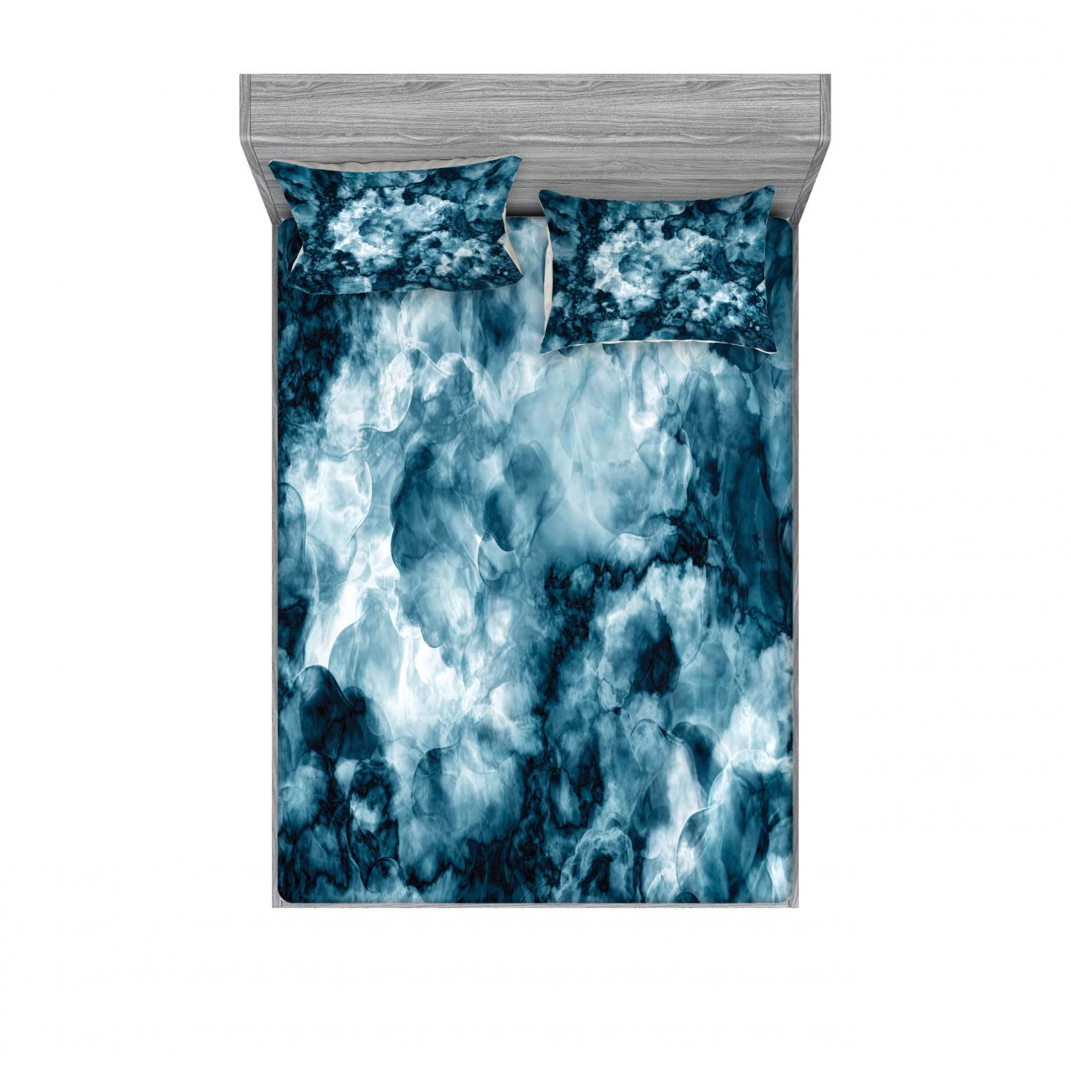 Ambesonne 2-Pack King Size Fitted Sheet Set with 4 Pillow Shams - Blue Marble Stone Print Bedding Collection - Luxury Home Decor for Master Bedroom & Guest Room