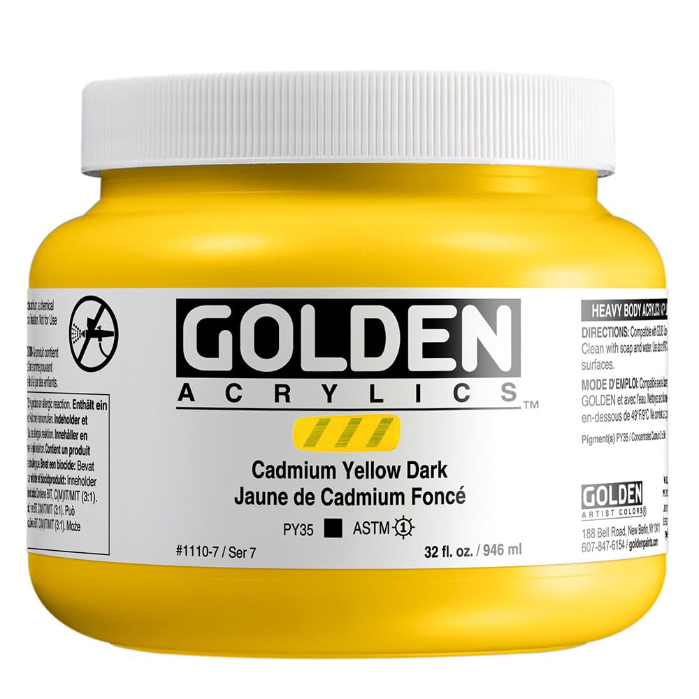 GOLDEN Heavy Body Acrylic Paint - Cadmium Yellow Dark (32 fl oz Jar) | Professional Opaque Acrylics for Canvas Painting, DIY Art Projects & Home Decor