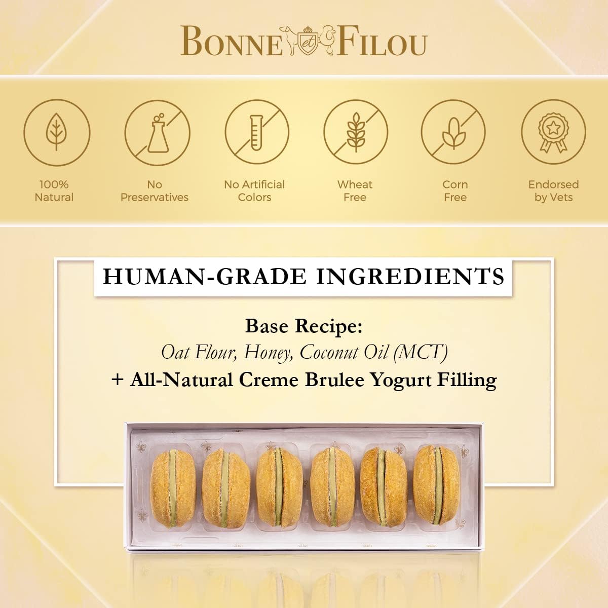 Bonne et Filou Gourmet Dog Treats - Creme Brulee Cupcakes & Macaron Cakes, Healthy Human-Grade Dog Snacks (6 Count) - Perfect for Training Rewards & Special Occasions