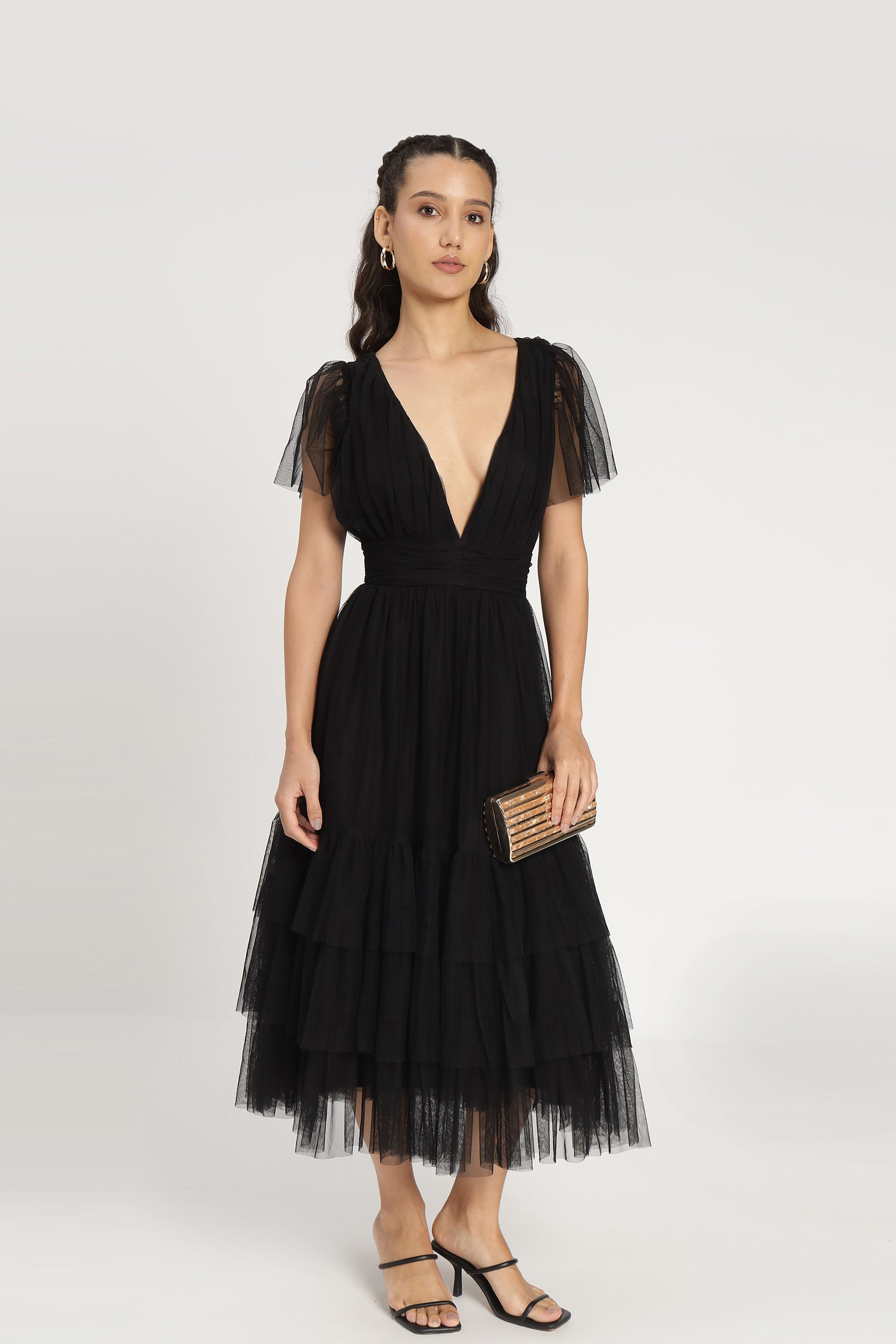 Elegant Madison Black Tulle Bridesmaid Midi Dress for Weddings, Parties & Formal Events - Flowy A-Line Skirt & Comfortable Fit