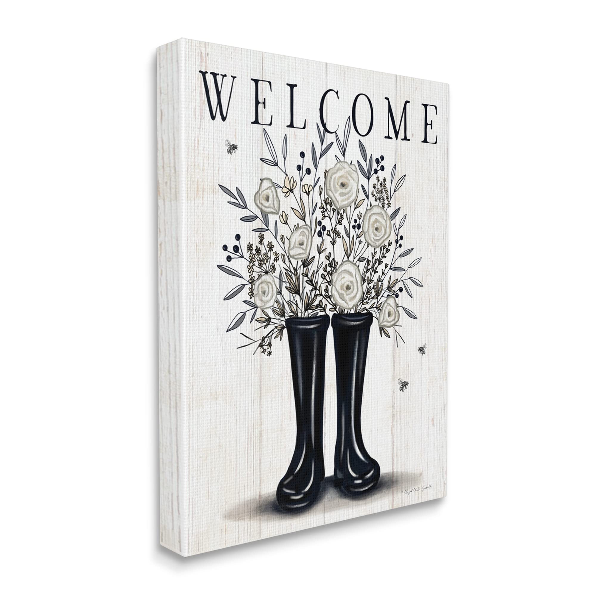 Stupell Industries Welcome White Roses Gardening Boots - Outdoor Insect Sign by Elizabeth Tyndall | Perfect for Garden Decor, Front Porch Welcome Sign & Country Home Decor