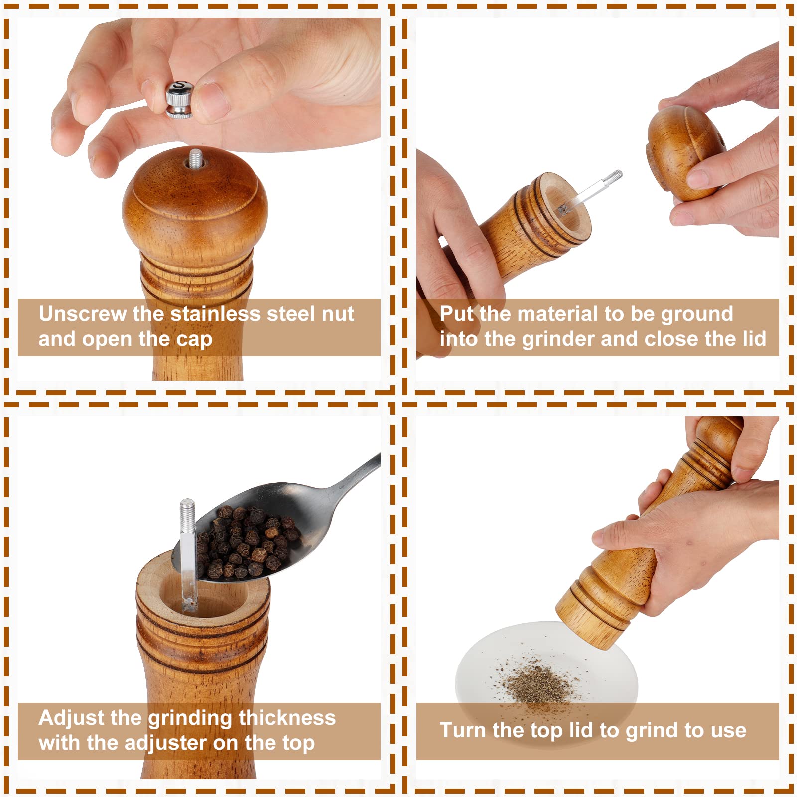 Premium Gulex® 8 Inch Wood Pepper Grinder & Salt Mill Set (2 Pack) - Adjustable Coarseness, Ceramic Grinding Core, Refillable - Perfect for Kitchen, Dining Table & Gourmet Cooking
