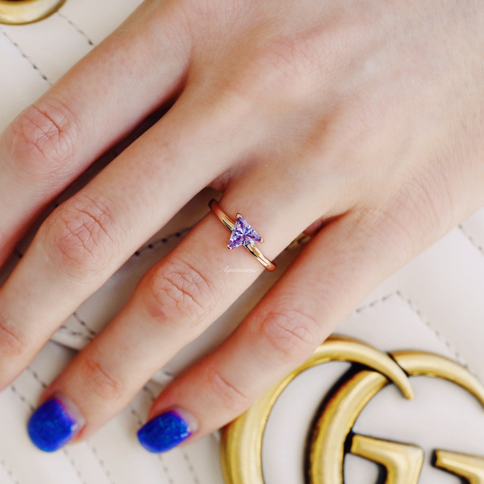 Exquisite Triangle Cut Solitaire Alexandrite Ring in 14K Rose Gold Vermeil - Perfect for Engagement, Anniversary & Special Occasion Jewelry Gifts