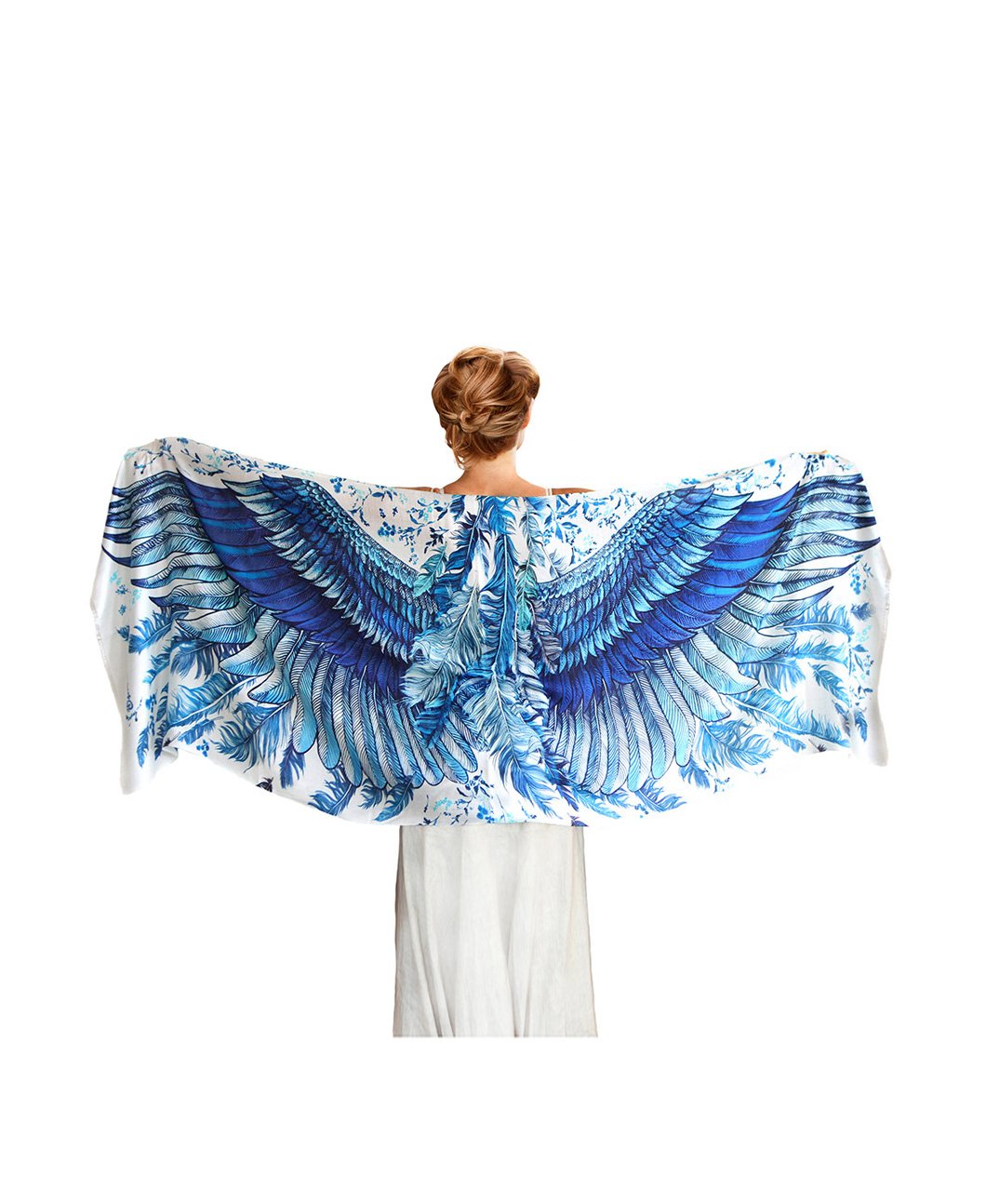 Luxury Blue Silk & Cashmere Scarf with Exquisite Bird Feather Wings Design - Elegant Winter Fashion Accessory for Women, Perfect for Parties, Weddings and Cold Weather Outfits