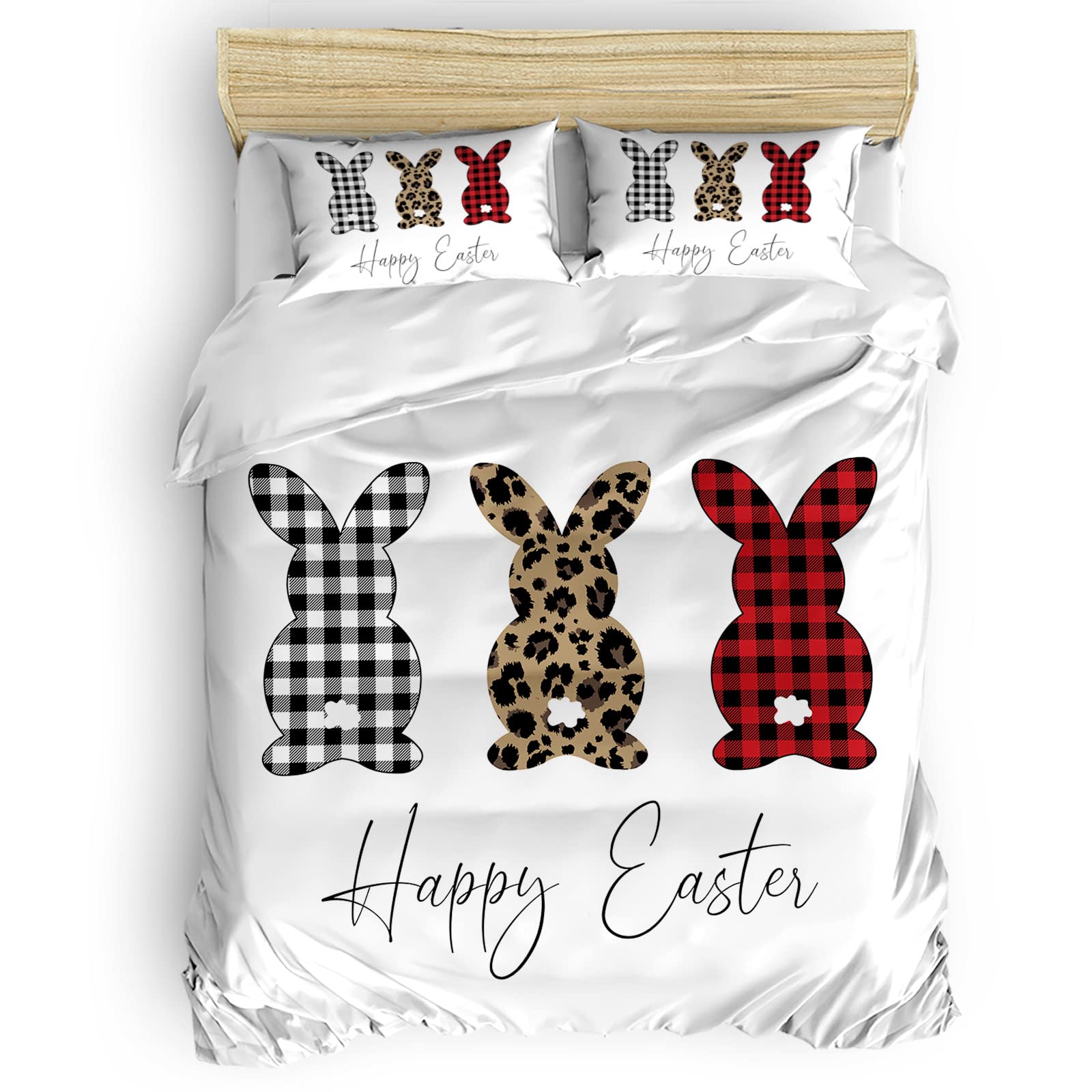 4-Piece Soft Plaid Cheetah Bunny Easter Bedding Set - Twin Size Quilt Cover & Pillowcases for Spring Decor & Cozy Sleep