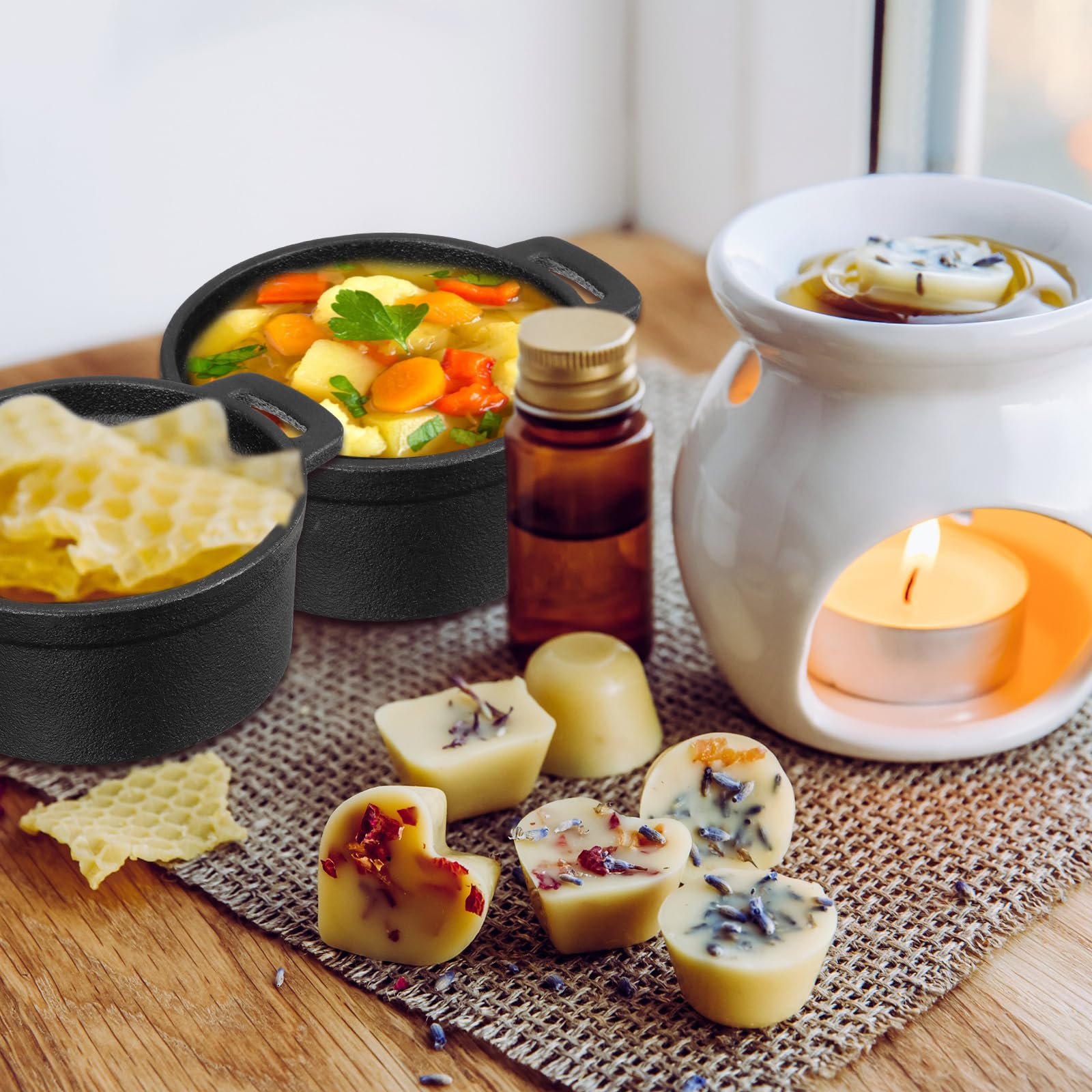 4 Pcs Mini Dutch Oven Set - Small Round Cast Iron Cocotte with Lid & Dual Handles (20 oz) - Black Enameled Pot for Stovetop, Oven, BBQ & Grill - Perfect for Marinating, Baking, Roasting Garlic & Refrigerating - Ideal for Camping, Kitchen & Outdoor Cooking