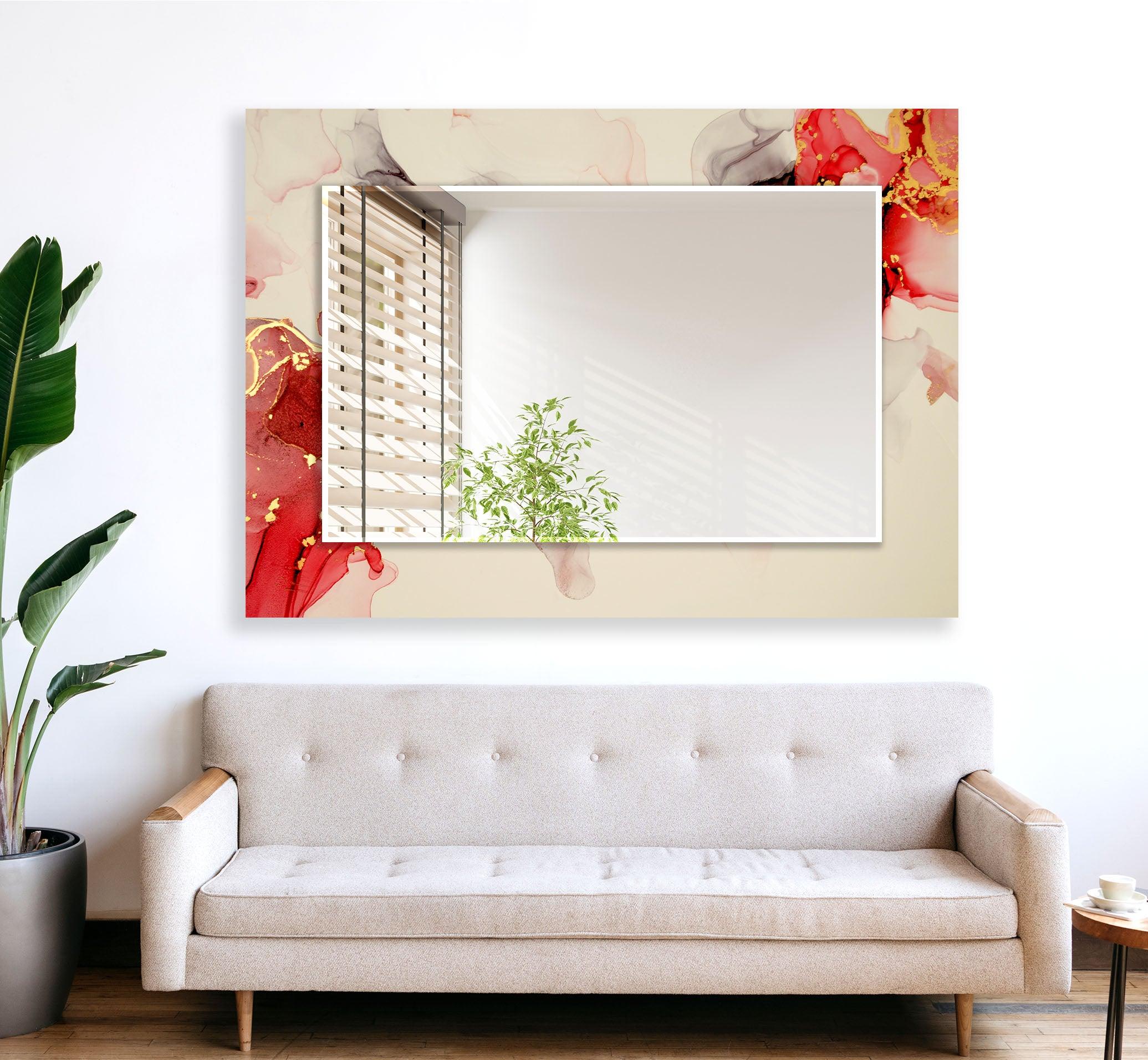 Beige and Gold Accent Wall Mirror with Red Details - Elegant Home Decor for Living Room, Bedroom, or Entryway
