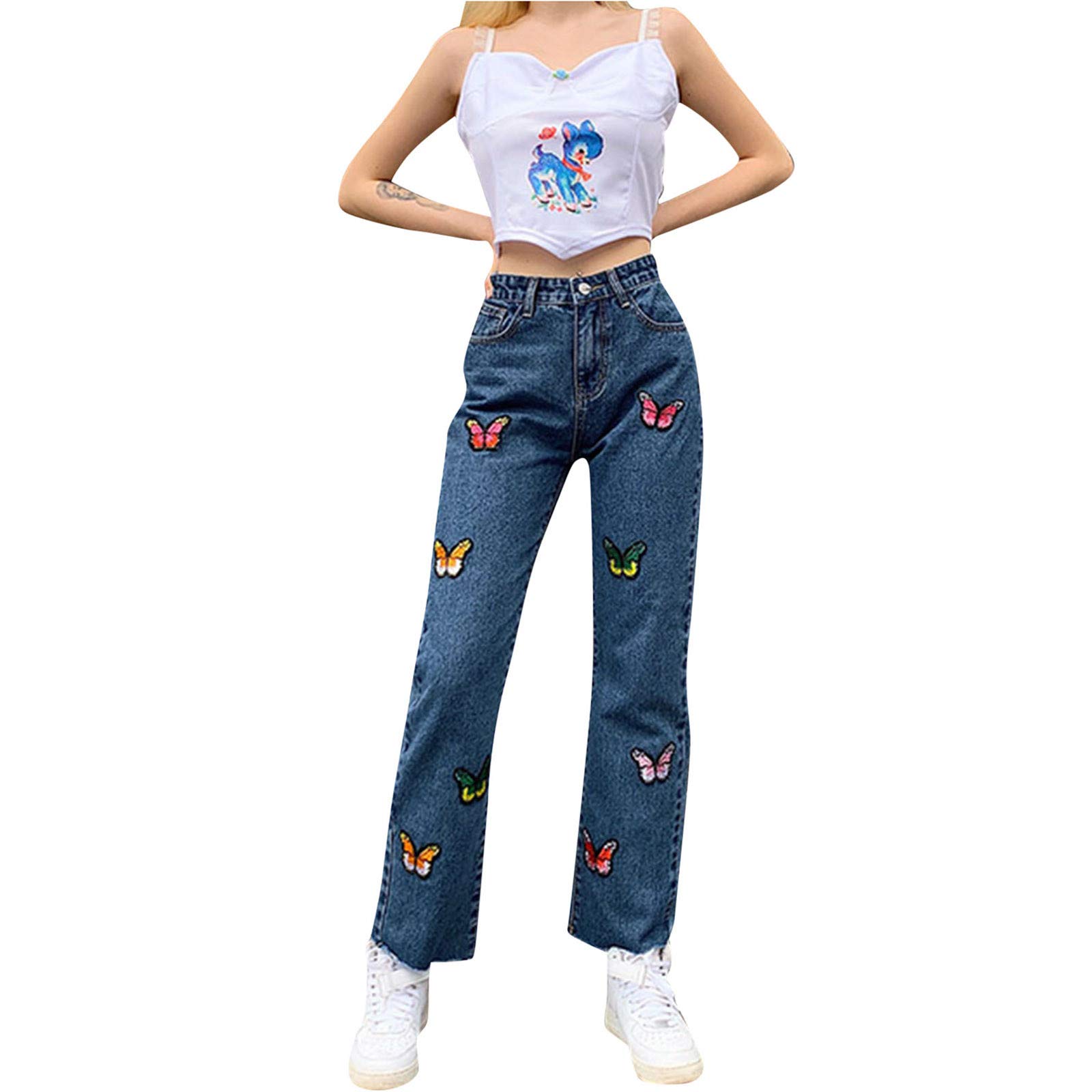 Women's High Waist Baggy Jeans with Frayed Raw Hem & Butterfly Embroidery - Straight Leg Denim Pants for Casual Outfits & Streetwear Fashion