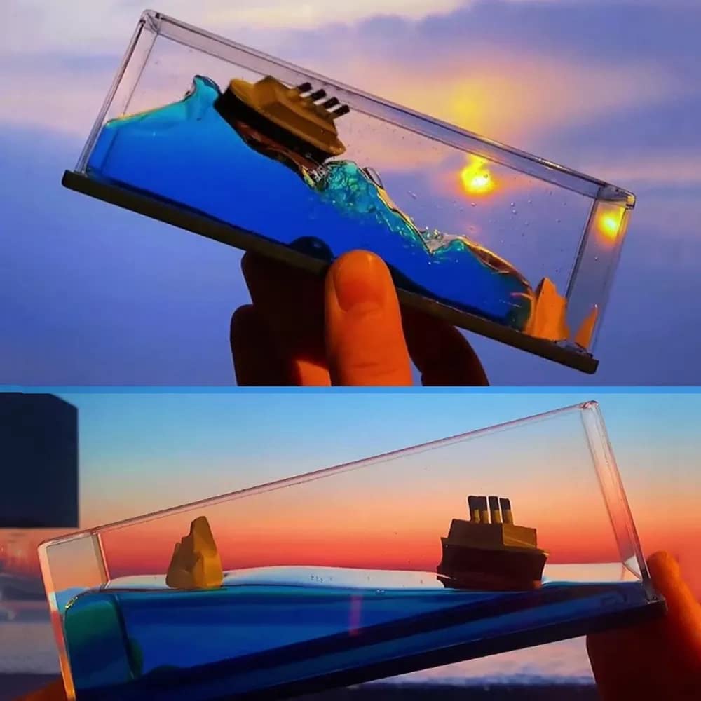 BIRDLINE Titanic Cruise Ship Liquid Wave Motion Decoration - Unsinkable Cruise Ship Model with Iceberg, Home & Car Decor, Paperweight, Gift Idea for Office Desk | Perfect for Nautical Themed Rooms, Collectors, and Titanic Enthusiasts