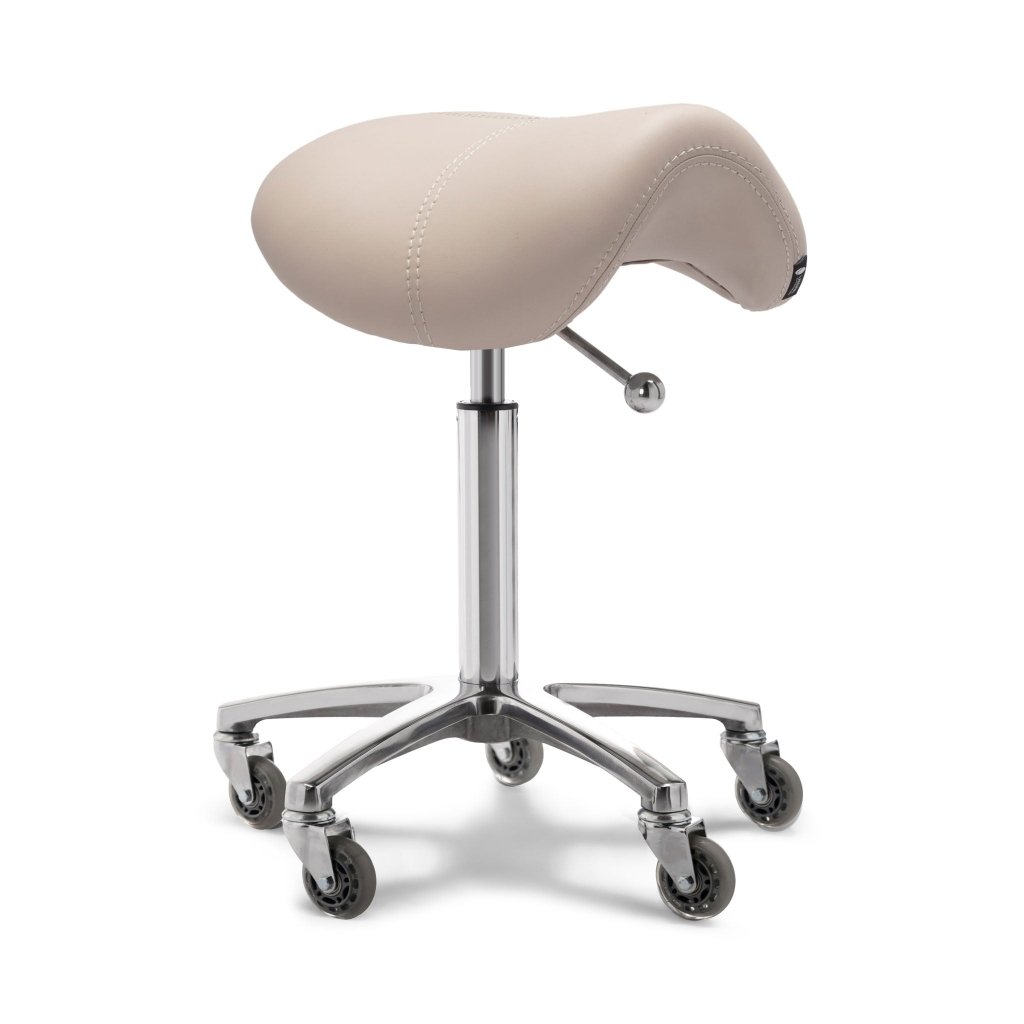 Lanvain Salon Saddle Rolling Stool Chair - Chrome Metal Base with Hair-Free Silicone Wheels - Adjustable Height Beauty Stool for Hair Salons, Barber Shops & Nail Studios