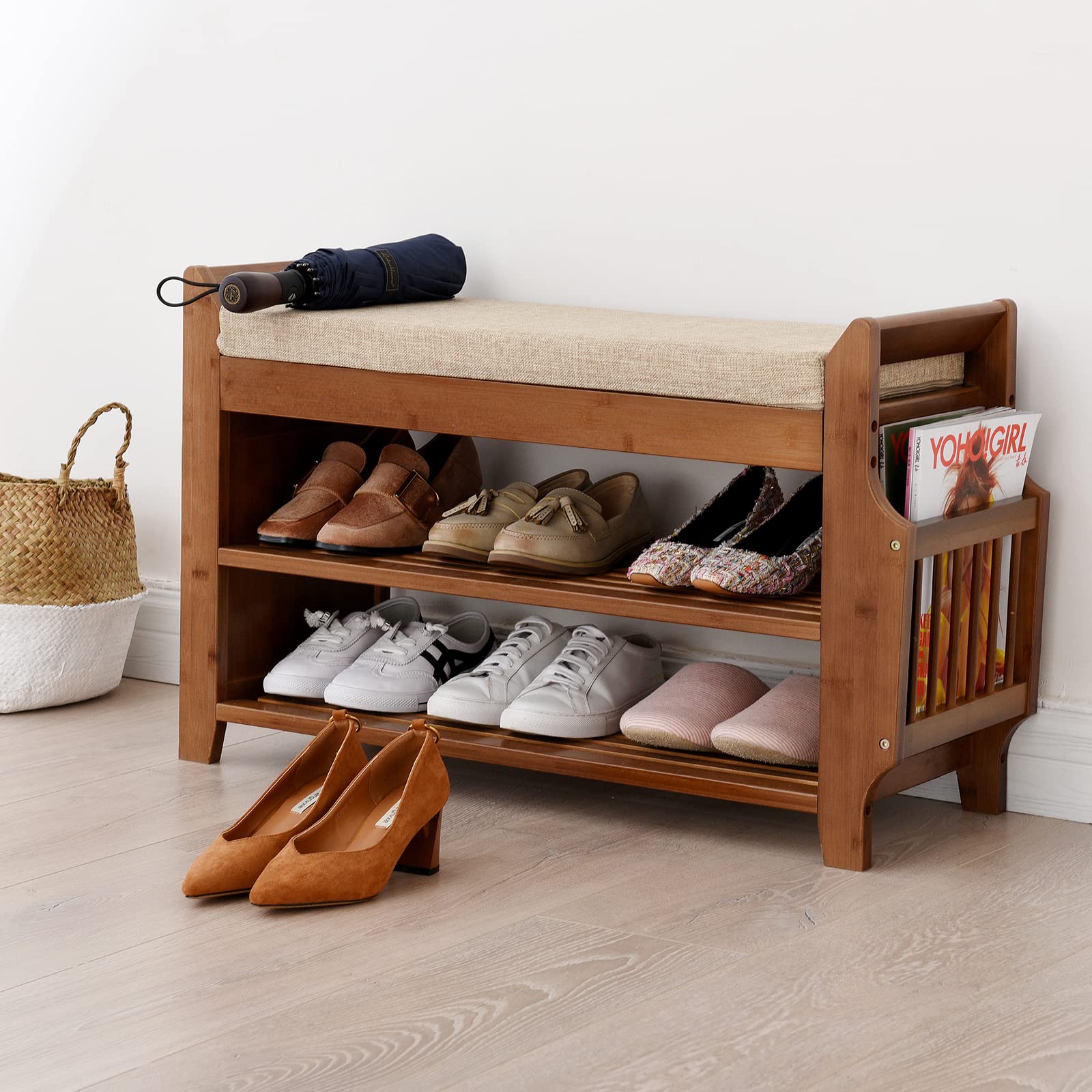 2-Tier Bamboo Shoe Bench with Cushion - Entryway Shoe Rack Organizer & Coat Storage Shelf | Space-Saving Shoe Storage Solution for Hallway, Mudroom or Bedroom (Wood Finish)