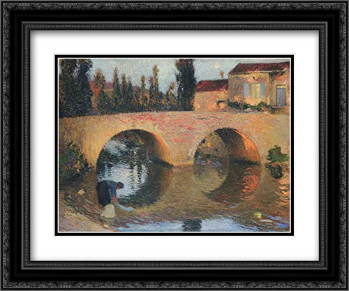 Henri Martin Museum Art Print - Woman Washing Clothes in River - 24x20 Black Ornate Framed Wall Art with Double Matting | Vintage French Impressionist Painting for Living Room, Bedroom & Office Decor