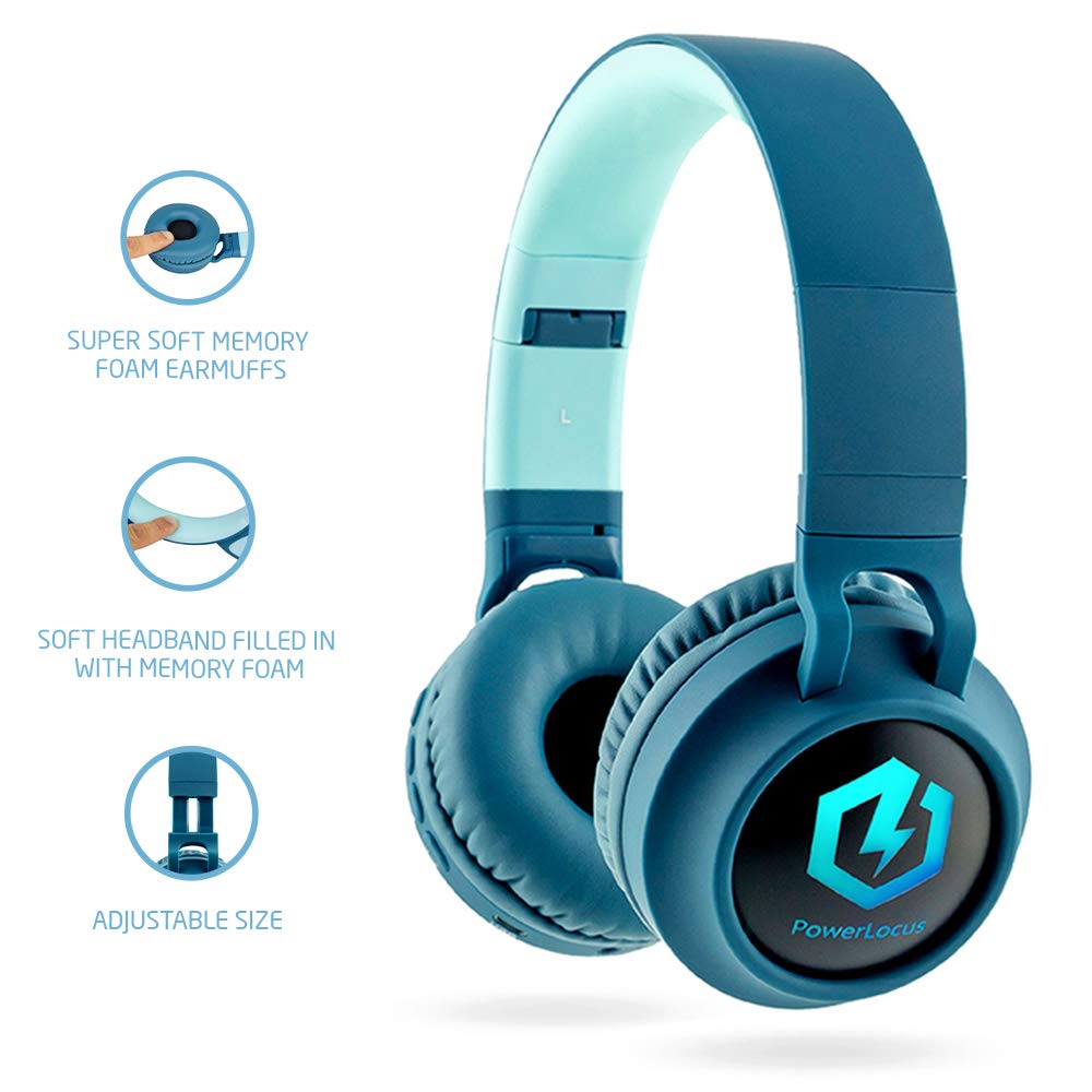 PowerLocus Kids Bluetooth Headphones with LED Lights - Wireless & Wired Foldable Headphones with Microphone, Volume Limiting Safe for Children (Blue/Grey Case) - Perfect for School, Travel & Online Learning