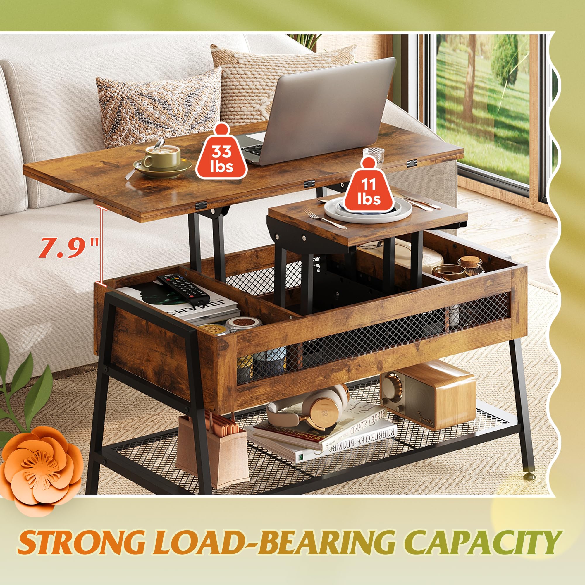 WLIVE Lift Top Coffee Table - 3-in-1 Convertible Coffee Table with Hidden Storage | Rustic Brown Multi-Functional Table Transforms to Dining Table | Perfect for Small Spaces, Living Rooms & Home Offices