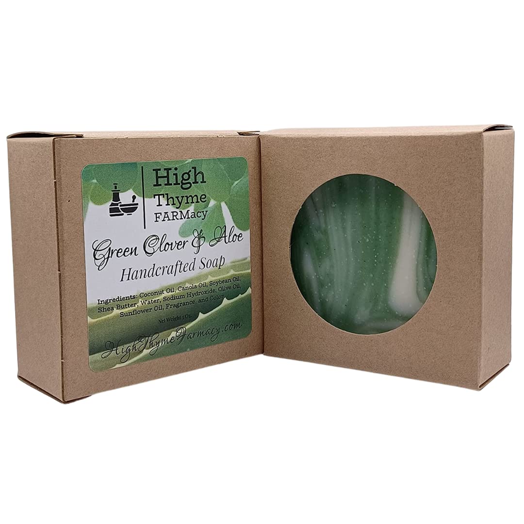 Green Clover & Aloe Handmade Soap - 5oz Natural Moisturizing Bar with Fresh Aloe Scent - Vegan Lye Soap for Dry Skin - Refreshing Body Wash for Spa, Shower & Gift Giving