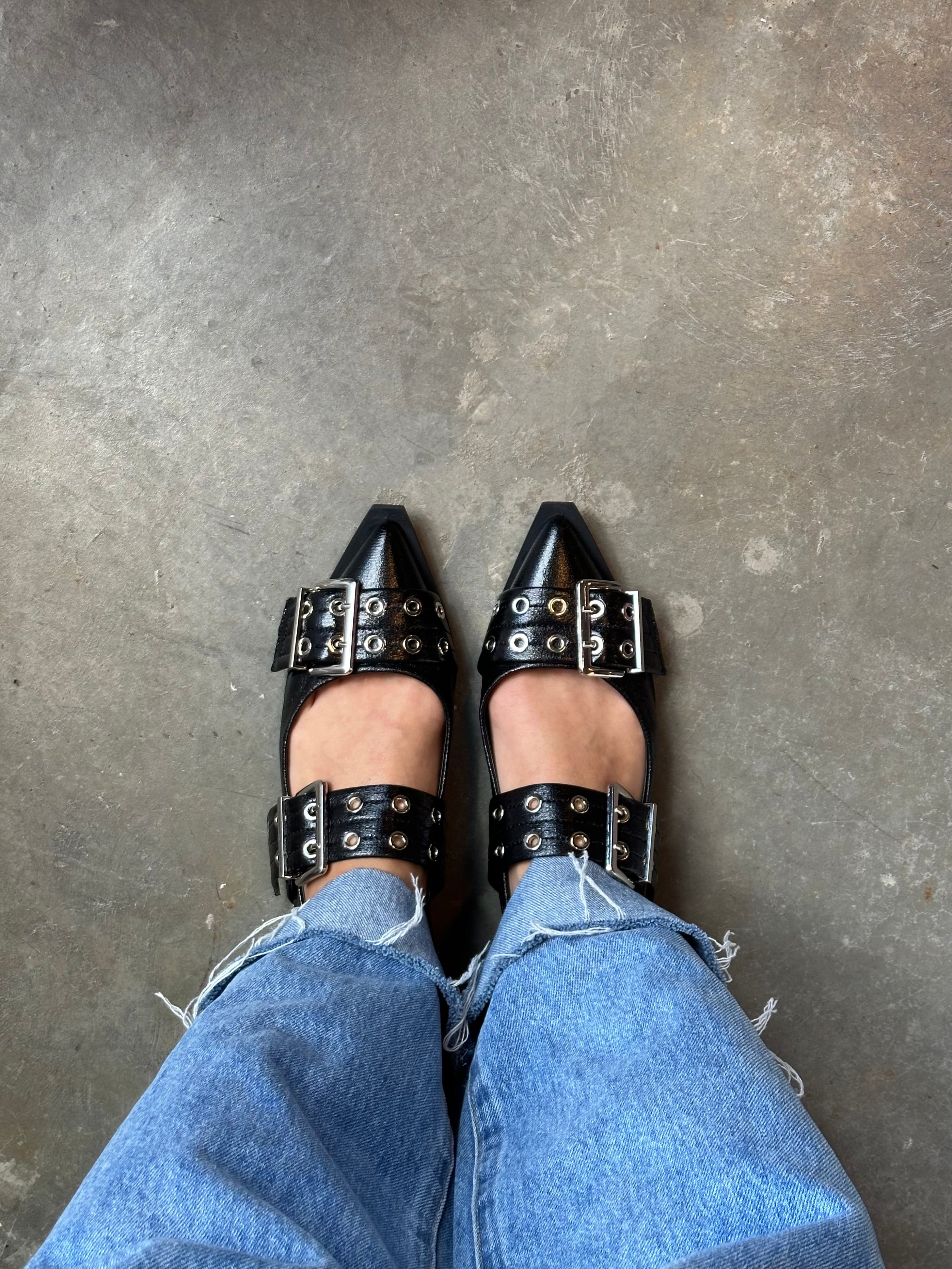 Clea Slingback Buckle Flats - Black Crinkle Leather Comfortable Women's Shoes for Work, Office & Casual Wear