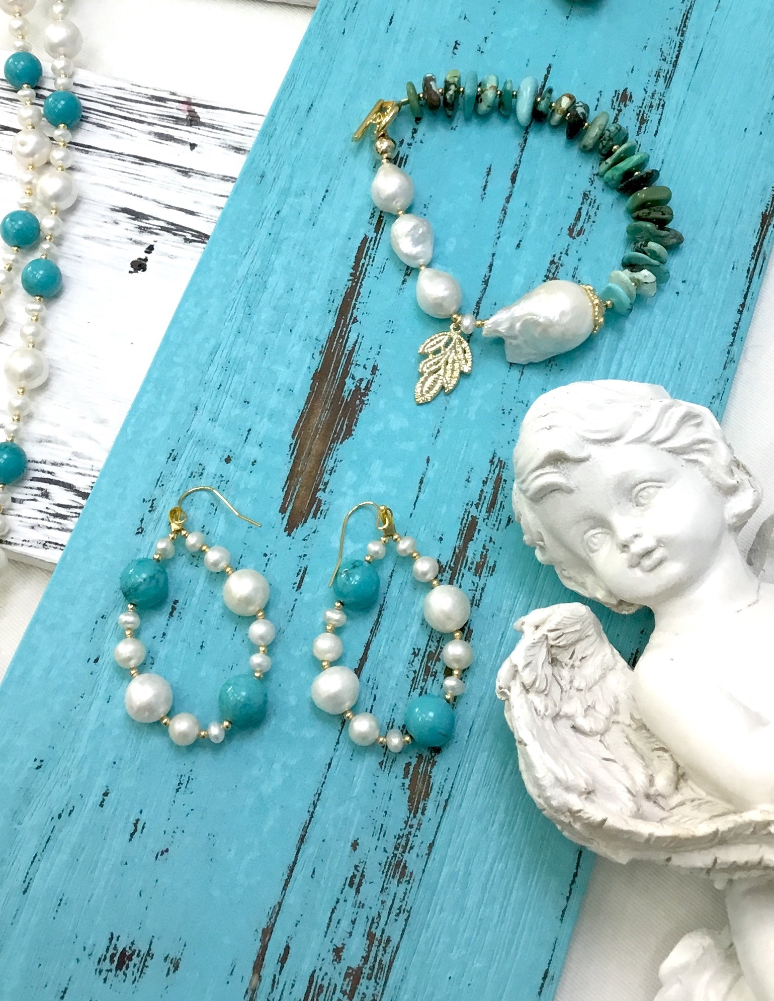 Freshwater Pearl & Turquoise Drop Earrings DE212 - Elegant Dangle Earrings for Women, Perfect for Weddings, Parties & Special Occasions