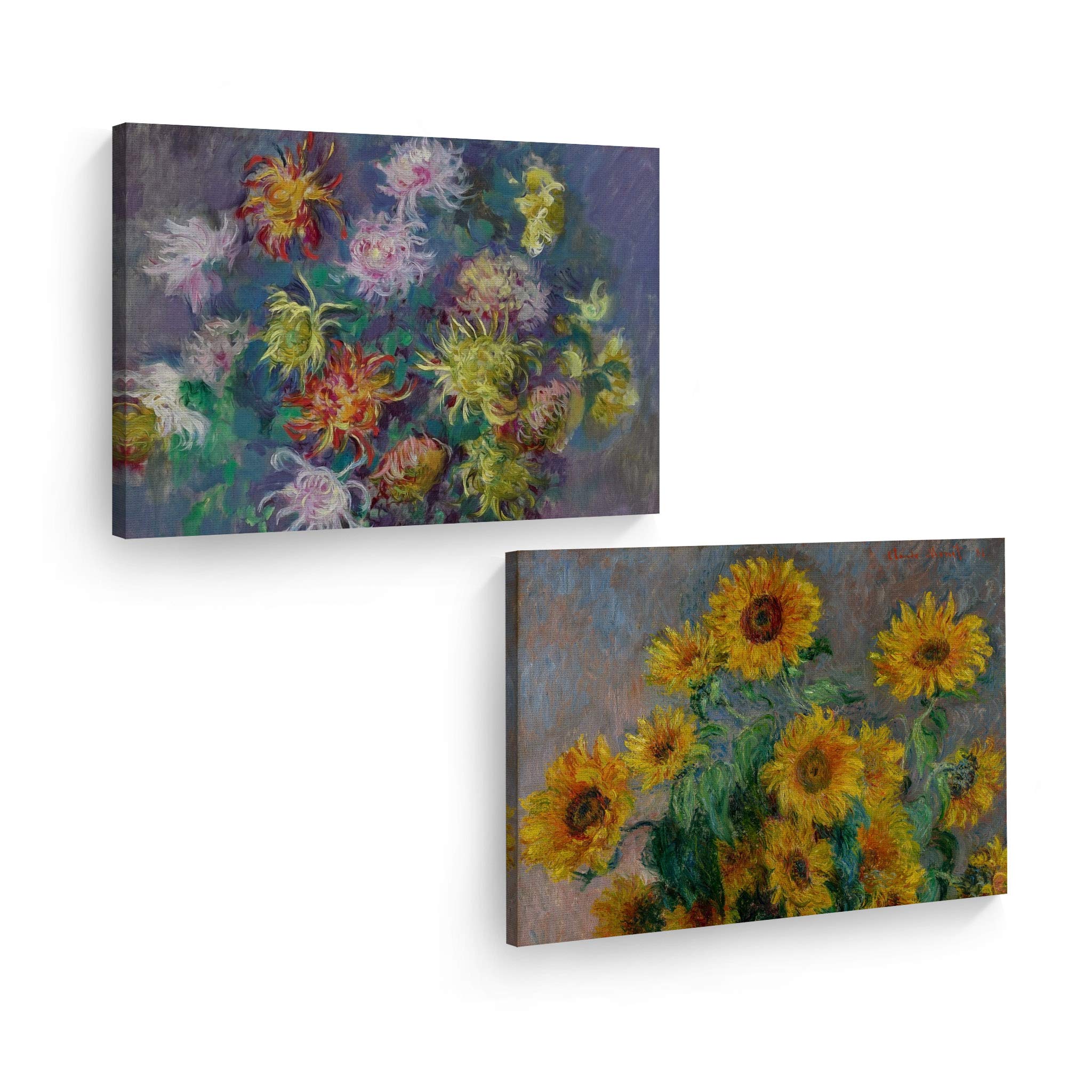 Claude Monet Sunflower Bouquet & Chrysanthemums 2-Piece Canvas Wall Art Set - Famous Oil Painting Reproduction, Modern Home Decor (15x22 Inches, Ready to Hang) | Perfect for Living Room, Bedroom, or Office Wall Decor | Made in USA