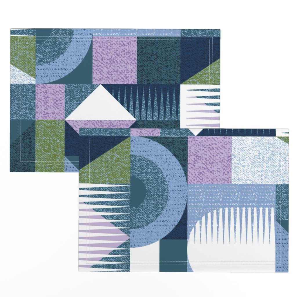 Linen Cotton Canvas Placemats Set of 2 - Blue Art Deco Geometric Print Table Mats for Dining Room Decor, Kitchen Table Setting, and Holiday Dinner Parties