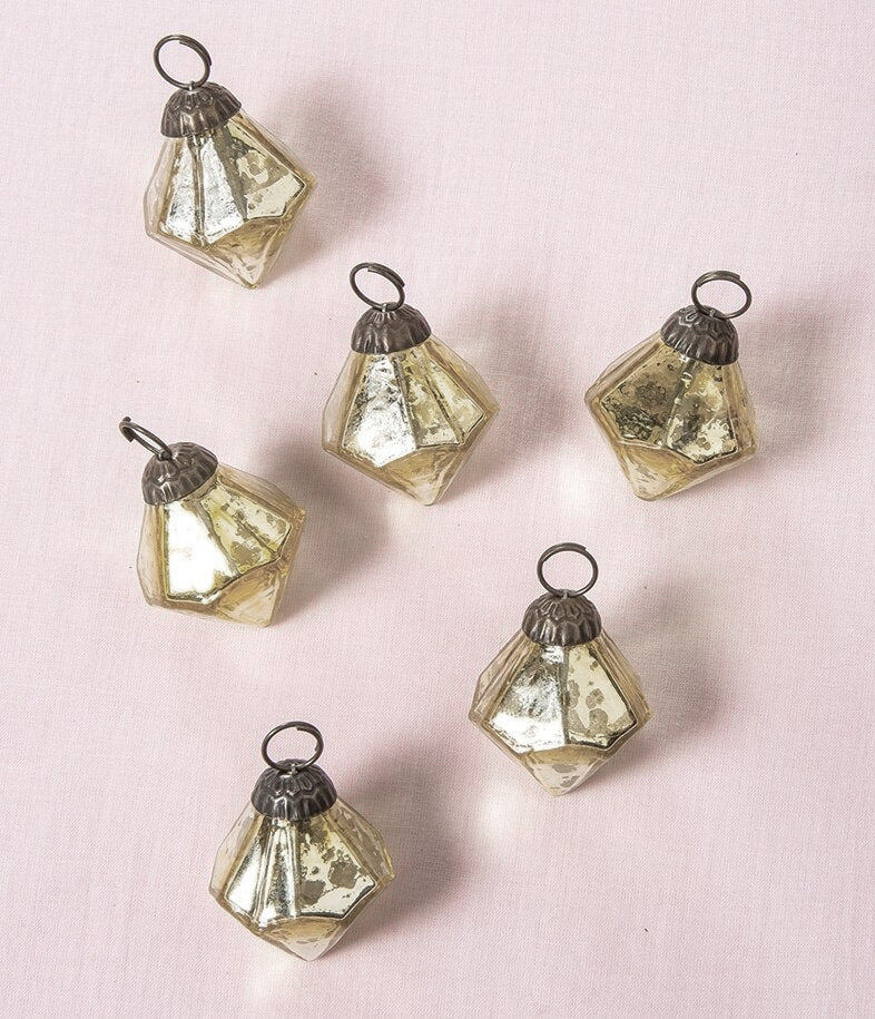 6 Pack Gold Mercury Glass Mini Ornaments - 1.75 Inch Vintage Christmas Decorations | Elizabeth Design for Holiday Tree, Home Decor, Party & Special Occasions | Elegant Gift Idea for Festive Season