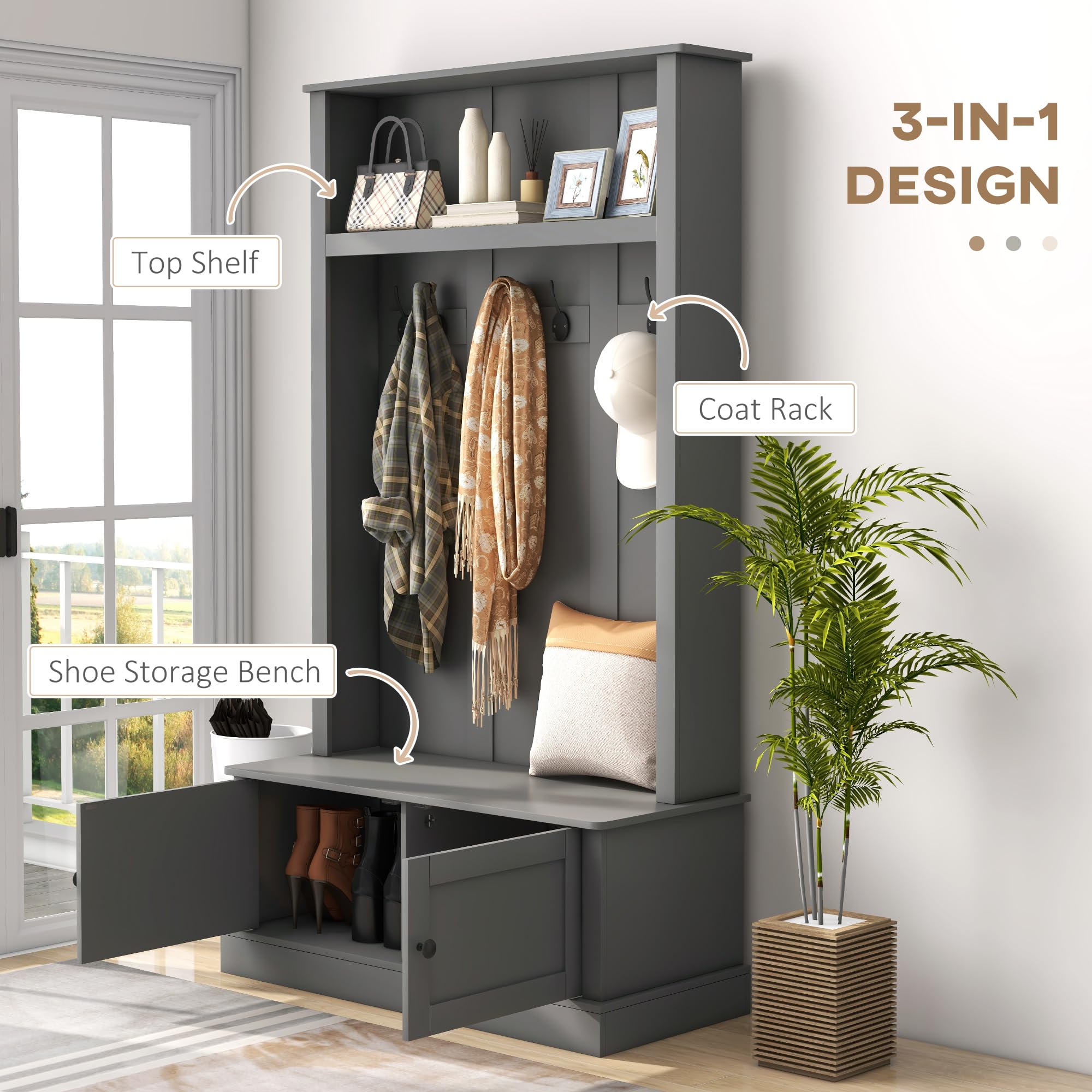 HOMCOM Entryway Bench with Storage & Hooks - Hall Tree Coat Rack, Shoe Storage Cabinet & Shelf - Mudroom Bench for Hallway, Living Room & Entryway Organization - Gray