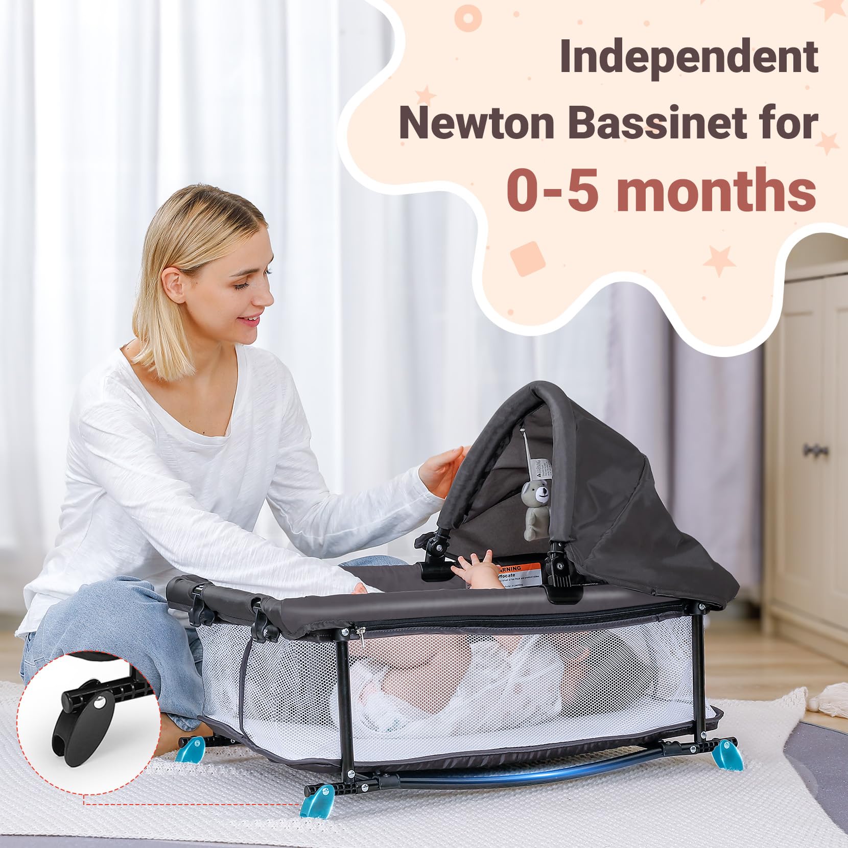 ELEMARA 5-in-1 Multifunctional Pack n Play Baby Crib - Adjustable Height Bassinet, Bedside Sleeper, Playpen with Diaper Changing Table & Removable Rocker - Portable Foldable Crib for Newborn to Toddler (Gray) | Perfect for Nursery, Travel & On-the-Go Parenting
