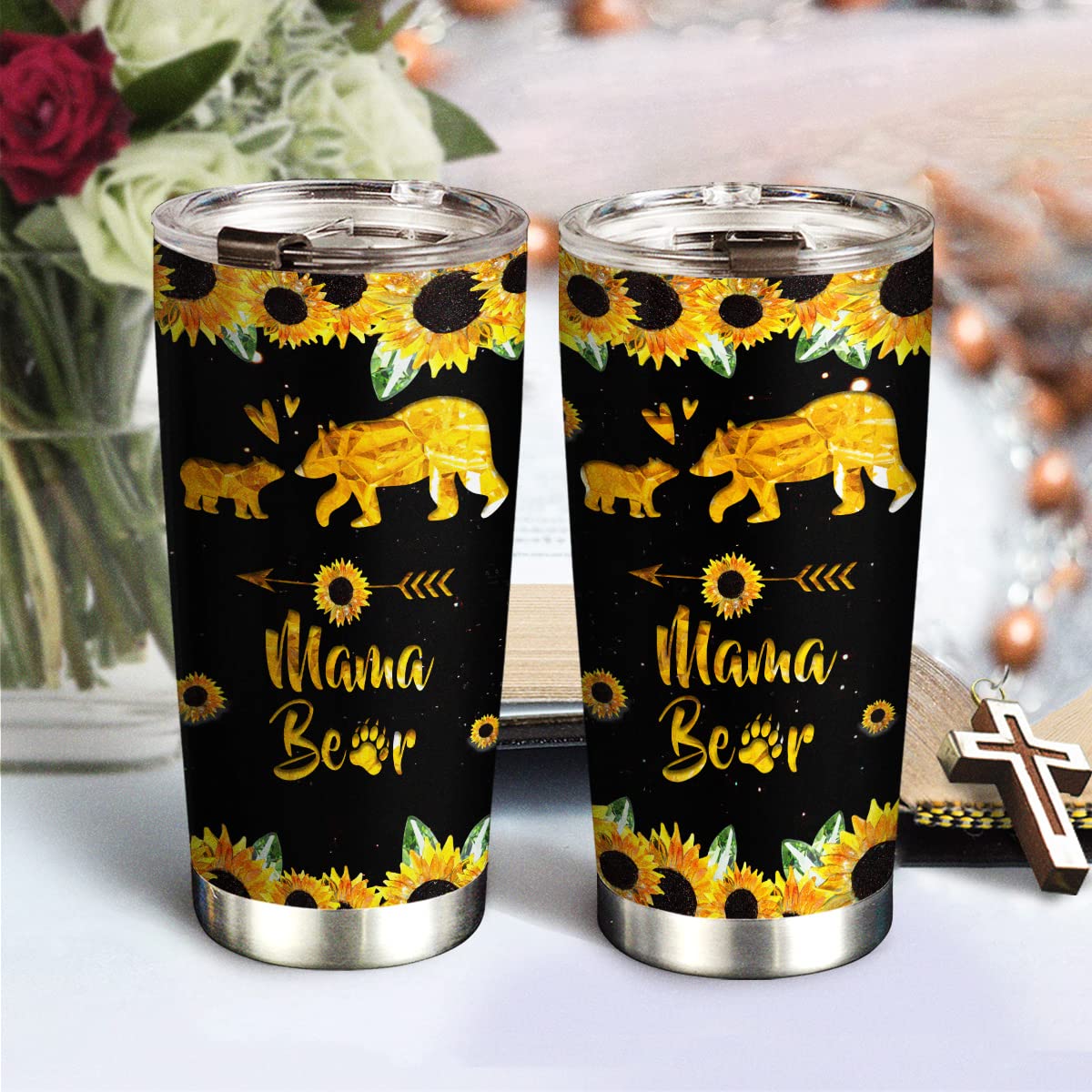 20oz Mama Bear Insulated Tumbler Cup - Unique Birthday Gift for Women, Wife, Mom, Daughter - Valentine's Day Gift for Her - Inspirational Travel Coffee Mug with Lid - Perfect for Office, Home & Outdoor Adventures