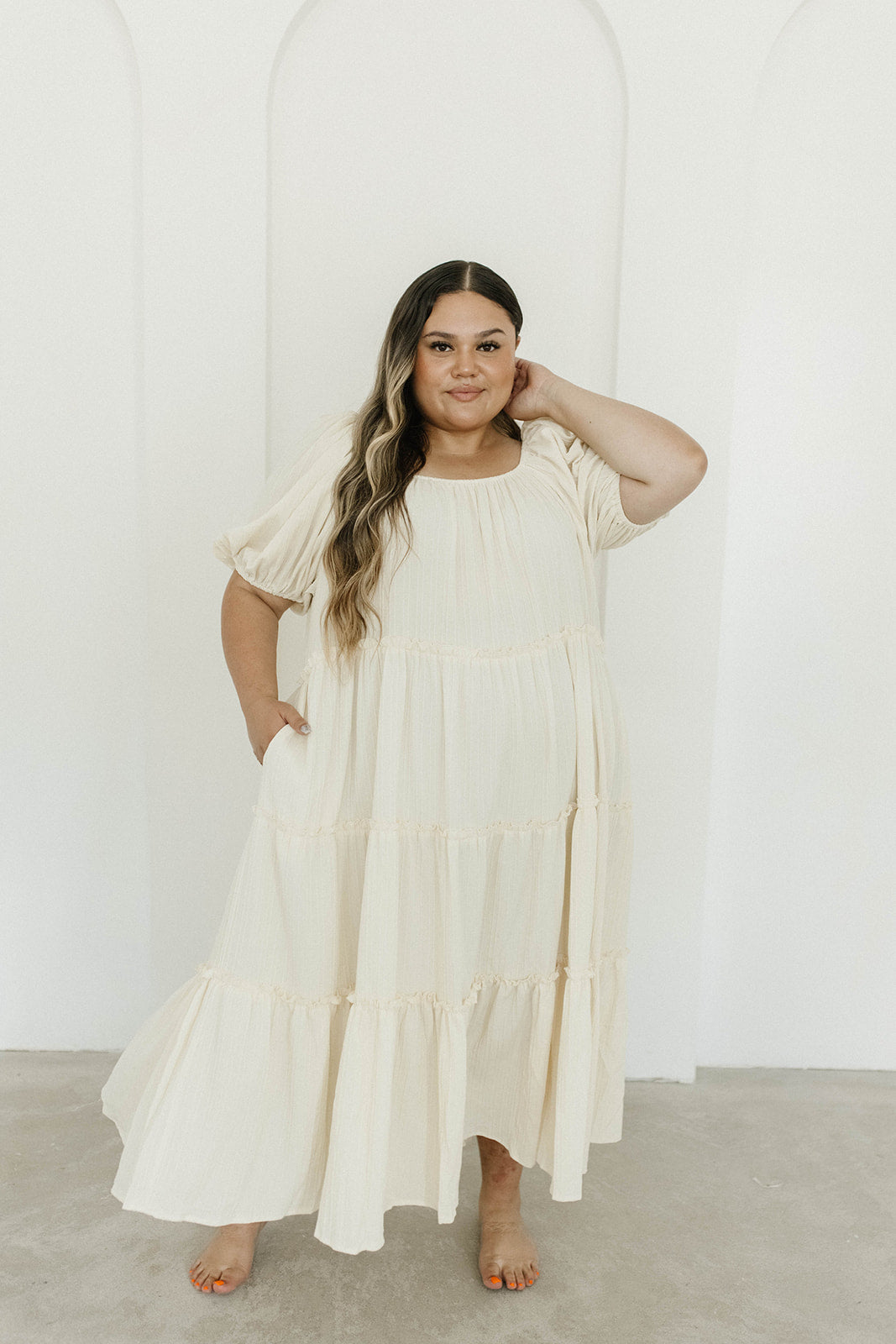 Eva Puffed Sleeve Maxi Dress in Cream - Bump Friendly Maternity Dress with Inclusive Sizing (S-3XL) | Perfect for Weddings, Baby Showers & Summer Vacations