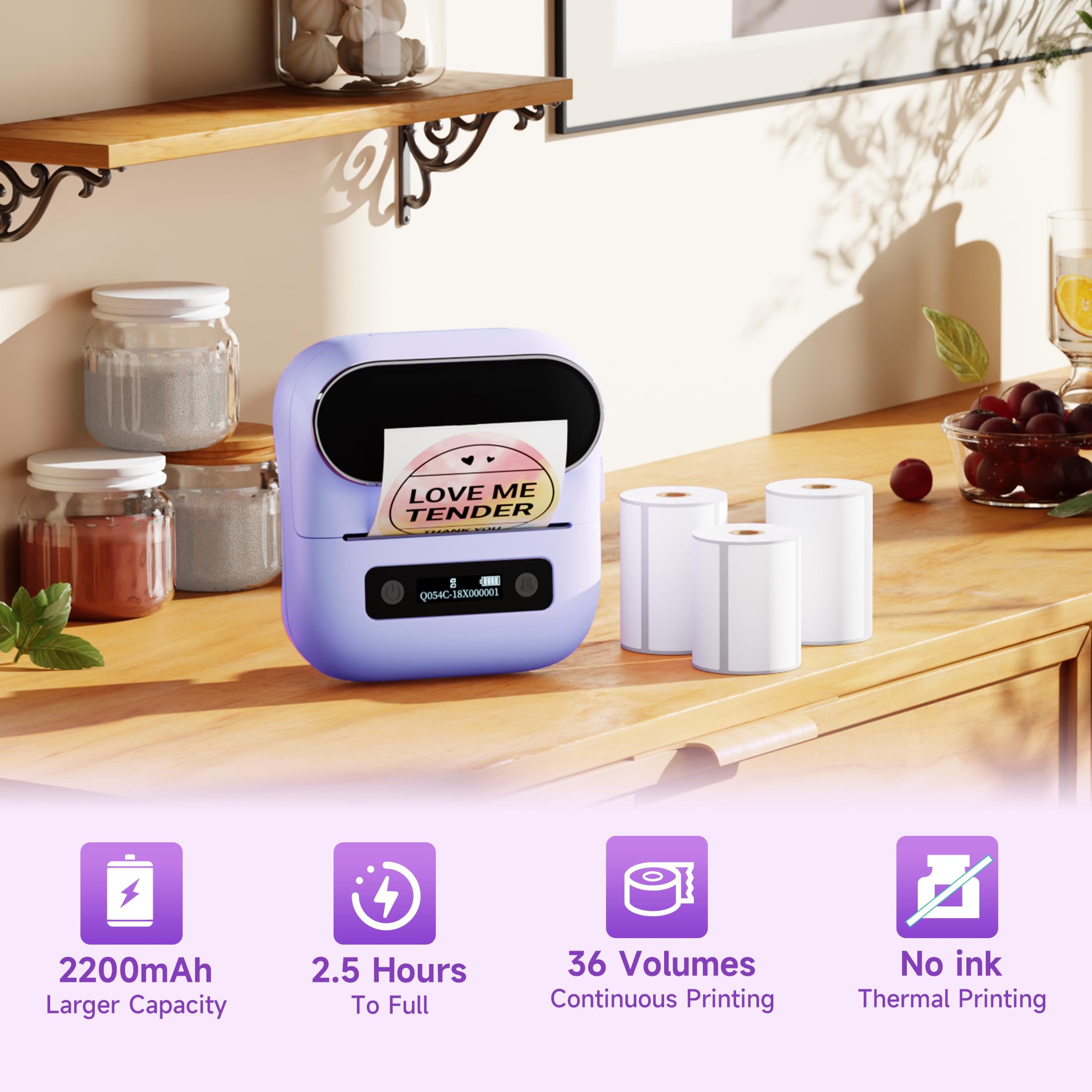 M220 Bluetooth Label Maker - Portable Thermal Sticker Printer for Small Business & Home Use | Compatible with Smartphone & PC | Prints 0.78-3.14 Inch Labels (Purple) | Perfect for Organizing, Shipping & Inventory Management