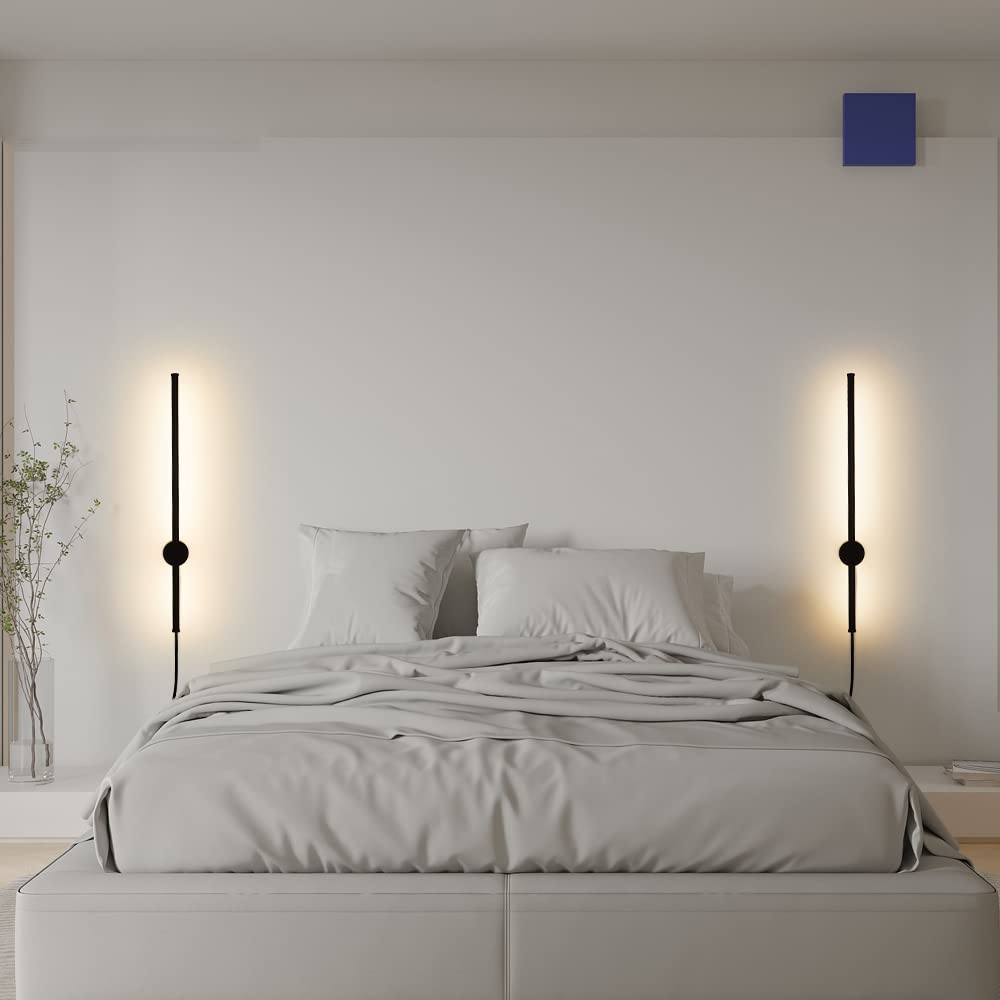 Dimmable LED Wall Sconce Set of 2 - Modern Plug-in Wall Lights with Memory Function, 23.6 Inch Black Wall Lamp with Plug Dimmer | Perfect for Bedroom, Living Room & Hallway Lighting