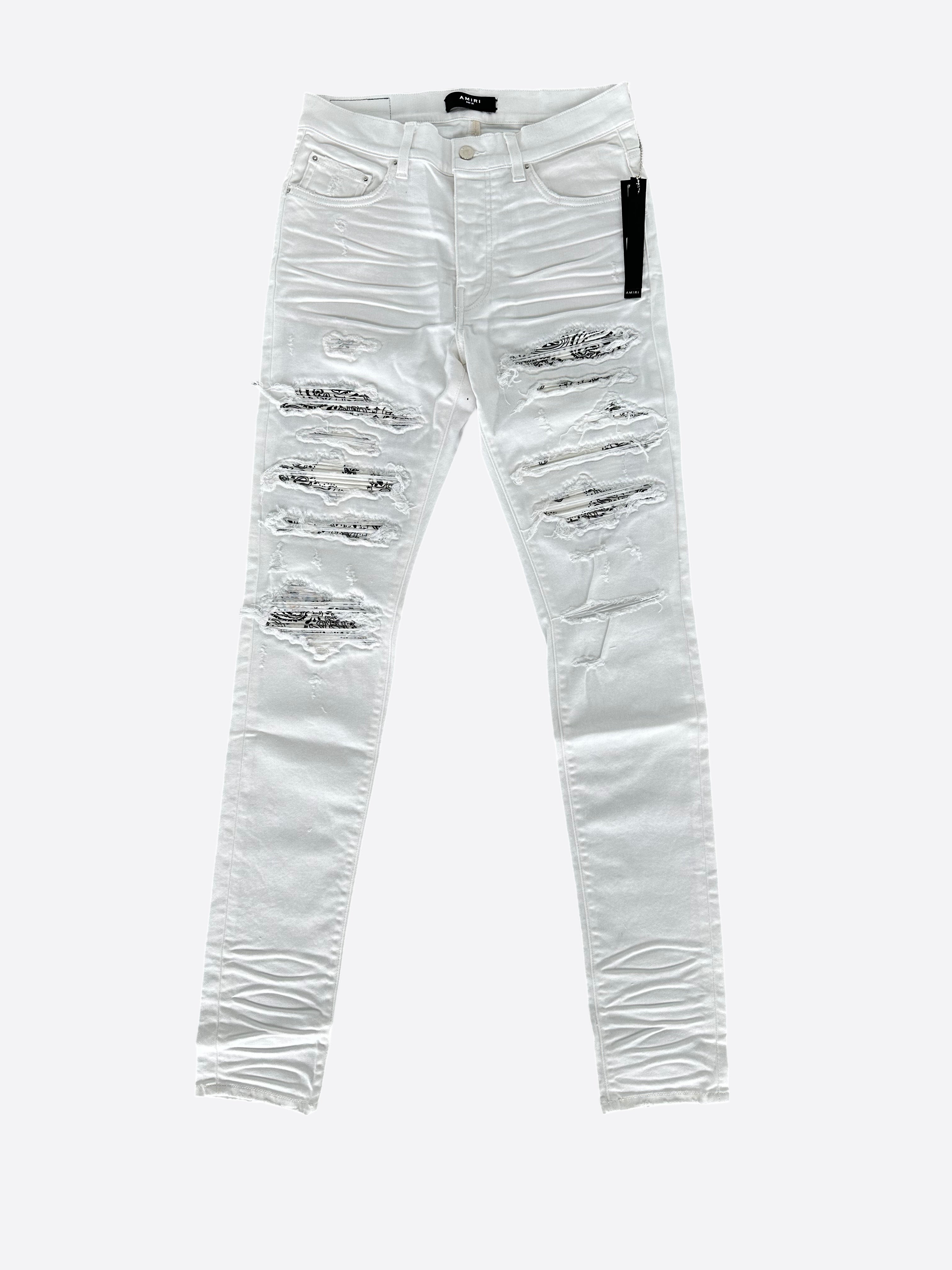 Amiri White & Black Bandana Patch Thrasher Jeans - Distressed Denim for Men | Streetwear Fashion, Casual & Party Outfits
