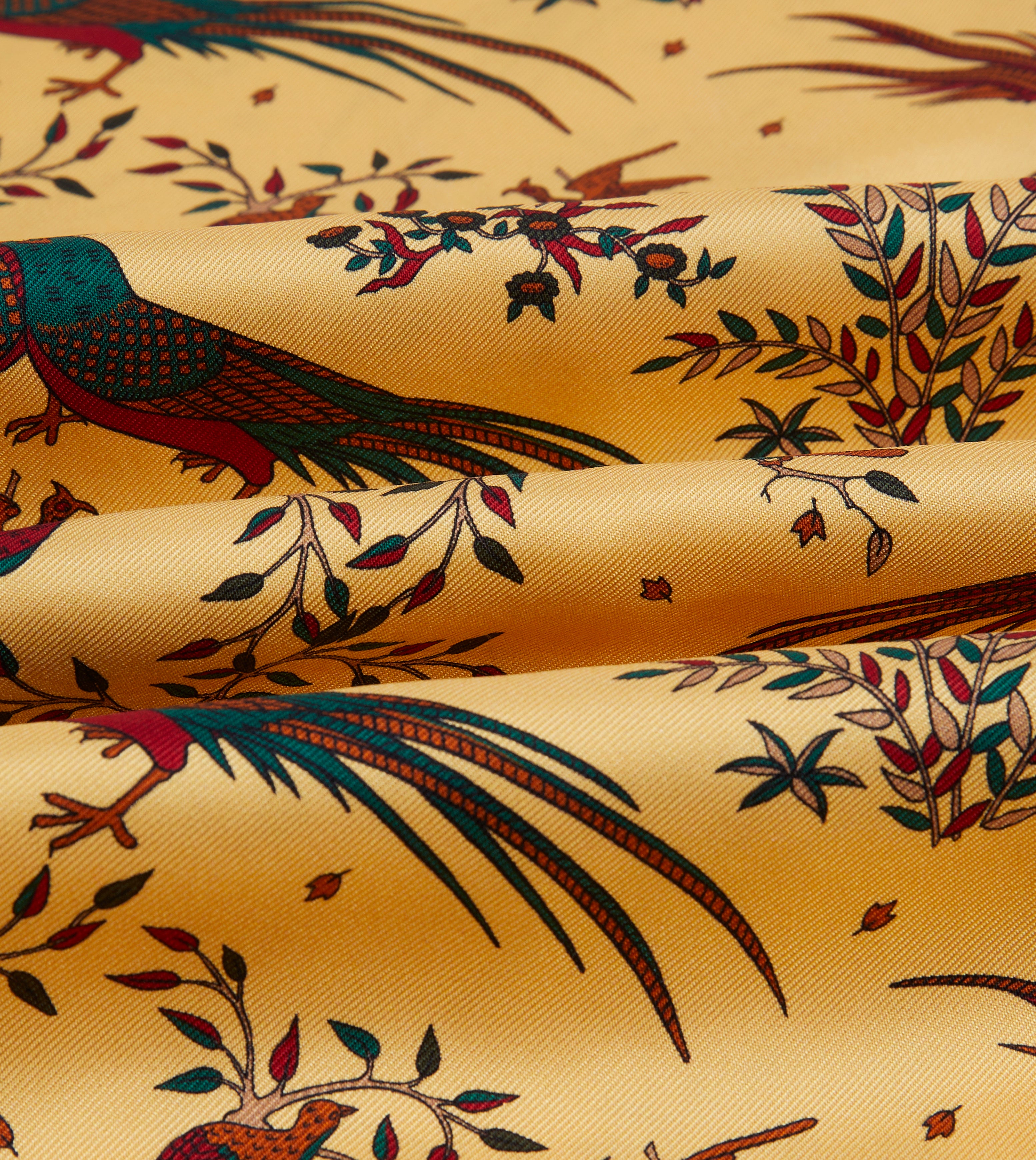 Luxury Gold Birds of Paradise Print Silk Scarf with Tassels - Elegant Fashion Accessory for Women, Perfect for Parties, Weddings & Special Occasions