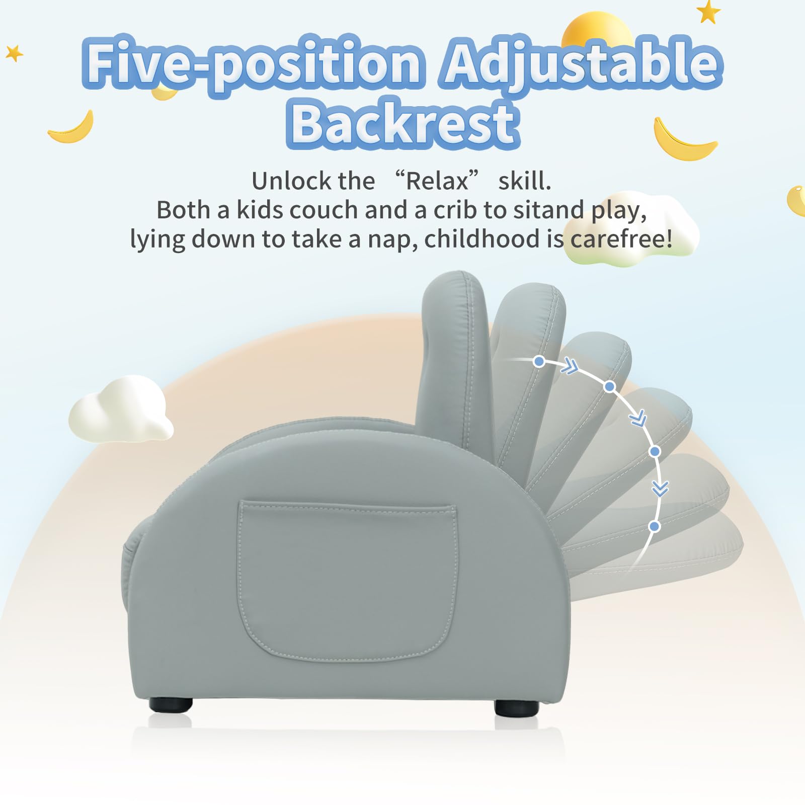 MOOITZ Adjustable Kids Recliner Chair with Ottoman - 5-Position Leatherette Toddler Recliner, Waterproof & Stain-Resistant, Gray - Perfect for Nursery, Playroom or Kids Bedroom Relaxation