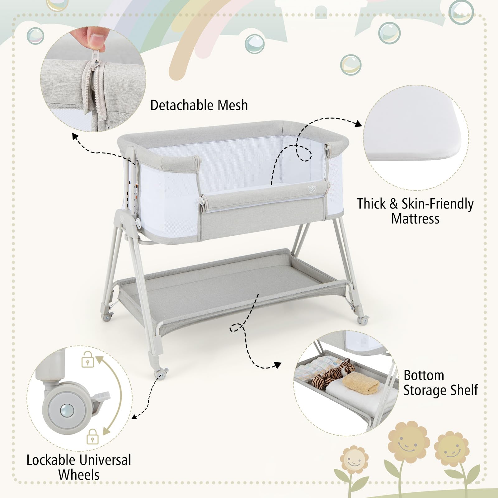 Baby Joy Portable Bassinet Bedside Sleeper - Foldable Baby Crib with Breathable Mesh Sides, Storage Shelf & Travel Bag - 7 Adjustable Heights for Safe Co-Sleeping - Includes Mattress - Ideal for Newborns & Infants (Gray) - Perfect for Nursery, Bedroom & Travel Use