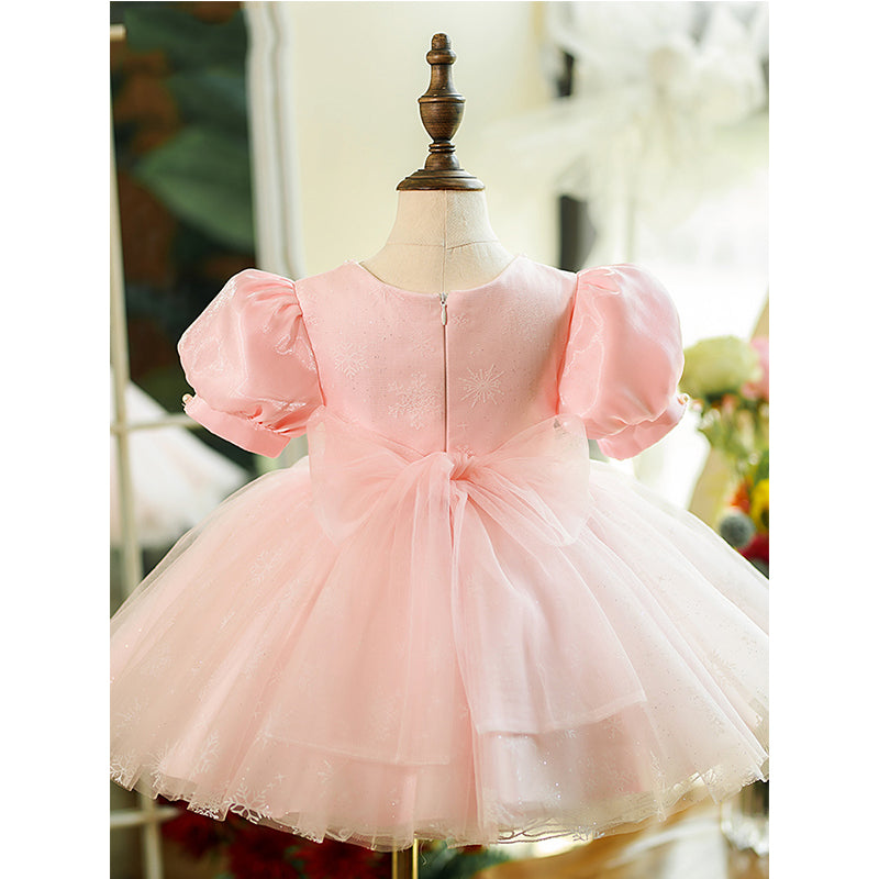 Pink Satin Princess Flower Girl Dress with Beaded Sequin Details - Puff Sleeve Knee-Length Formal Dress for Weddings, Parties & Special Occasions
