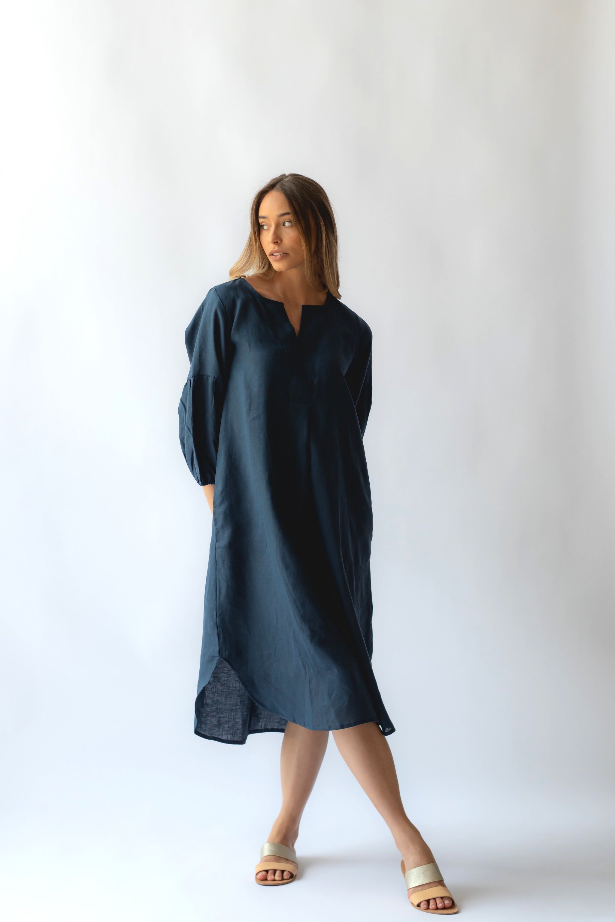 Claudette Women's Linen Summer Dress in Navy Blue - Breathable & Comfortable Casual Wear for Beach, Vacation, and Everyday Outfits