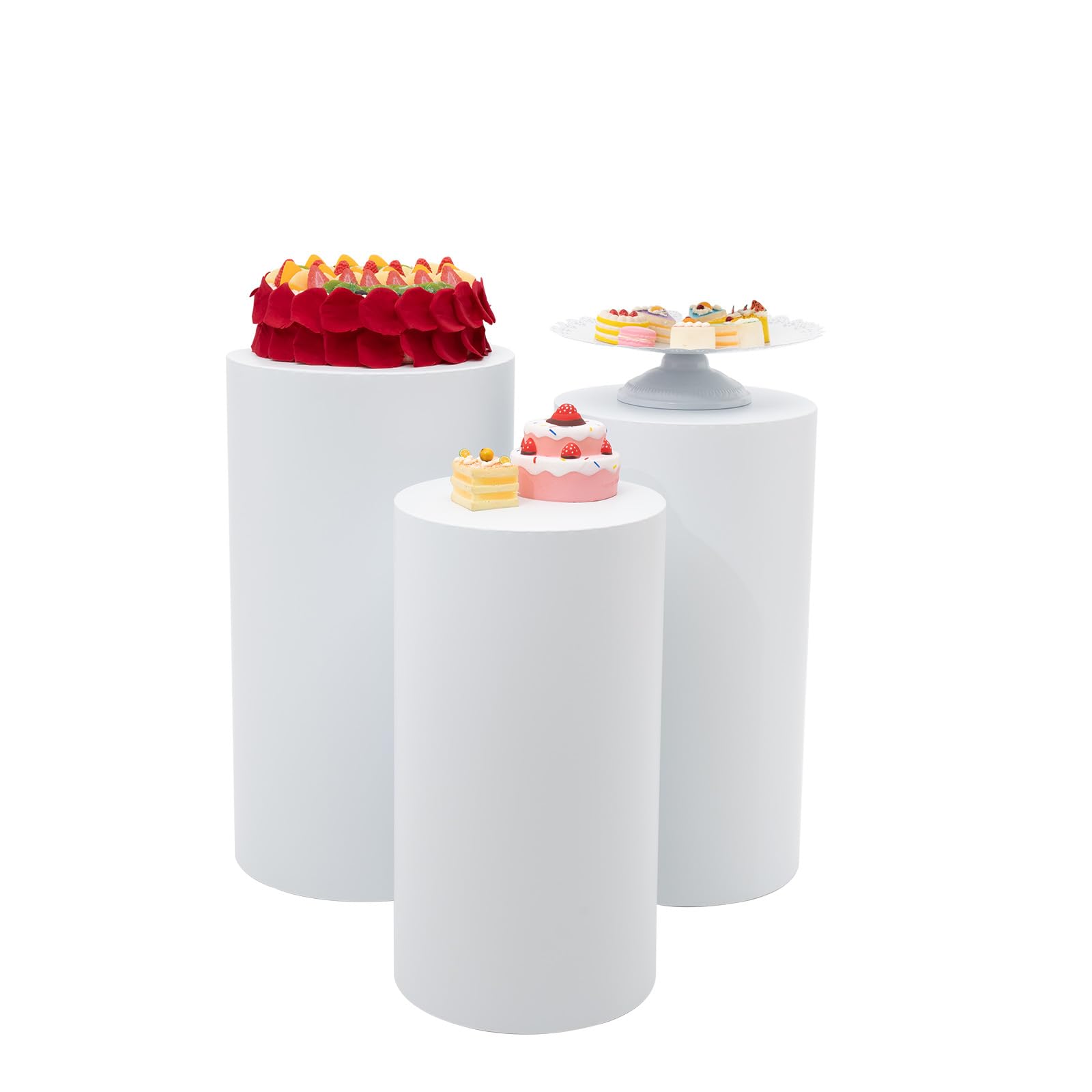 3Pcs White Cylindrical Display Stands for Cake, Flowers & Decor - Wedding, Party & Event Pedestal Stands - Perfect for Dessert Tables, Centerpieces & Home Decor