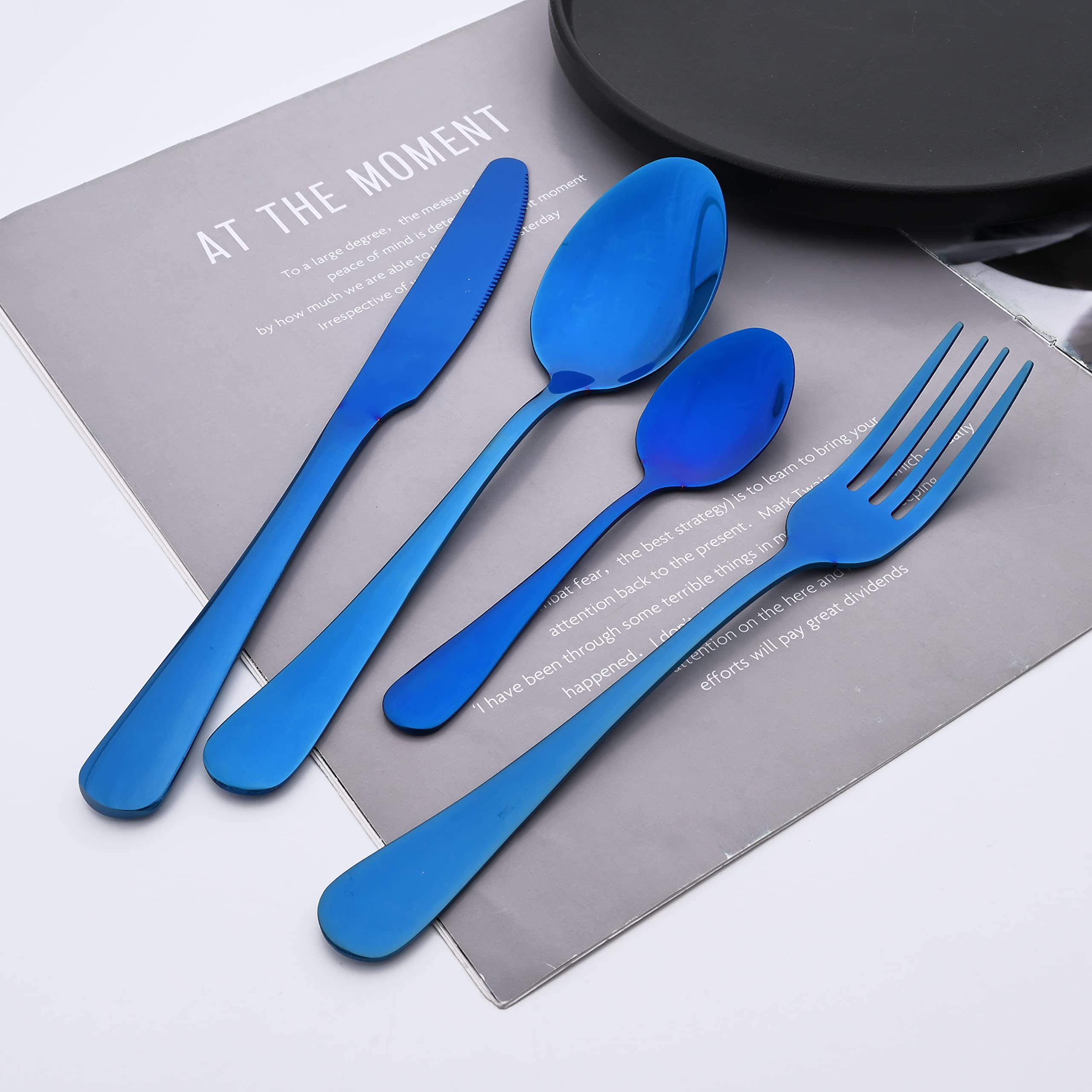 12-Piece Blue Stainless Steel Flatware Set - Mirror Polished Dinner Forks & Spoons (8 Inch, Dishwasher Safe) - Elegant Tableware for Restaurants, Weddings & Home Dining