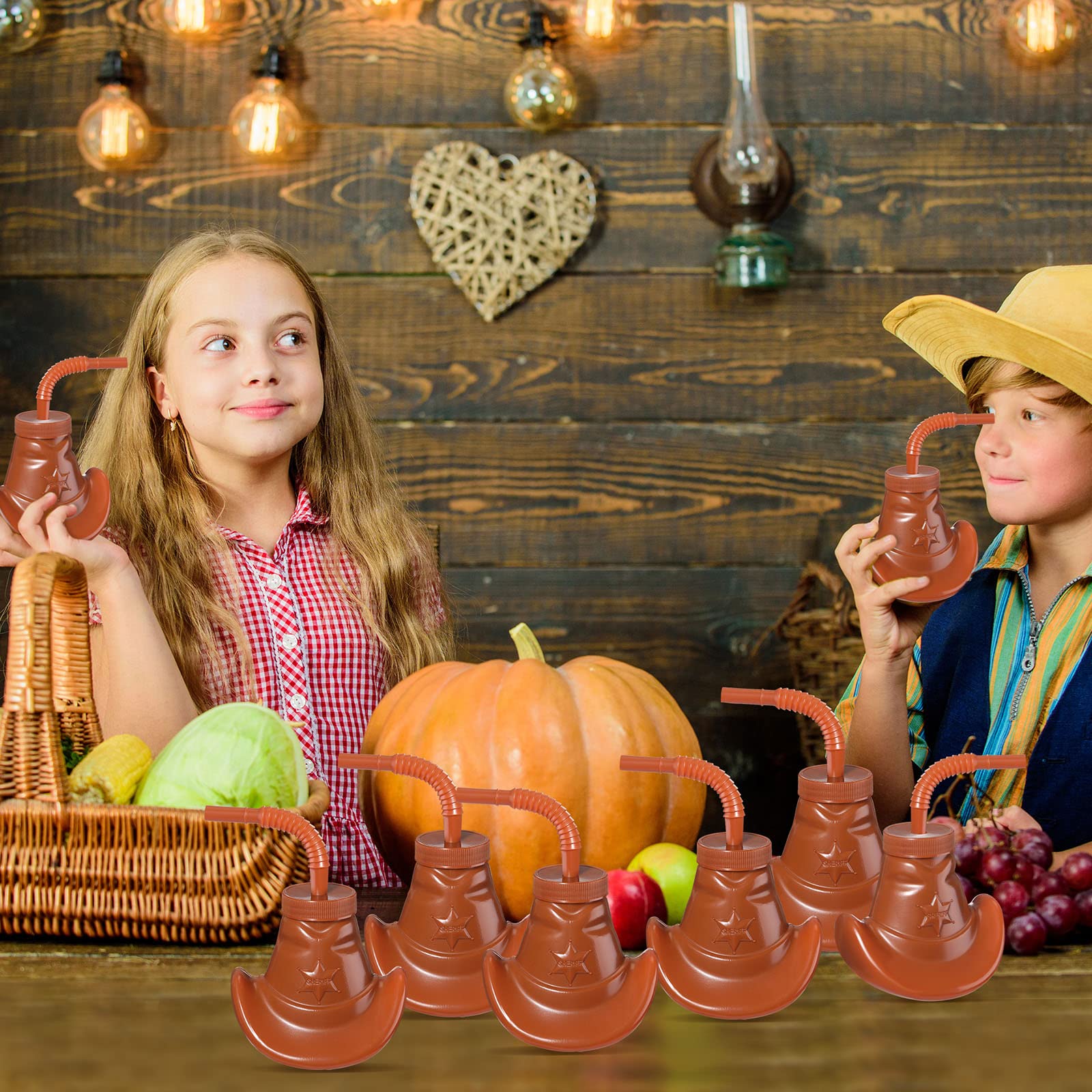12 Pack Cowboy Hat Party Cups with Straws & Lids - 10oz Western Themed Plastic Cups for Rodeo, Cowgirl Birthday, Wild West Decorations & Party Supplies (Brown) - Perfect for BBQ, Country Weddings & Themed Events