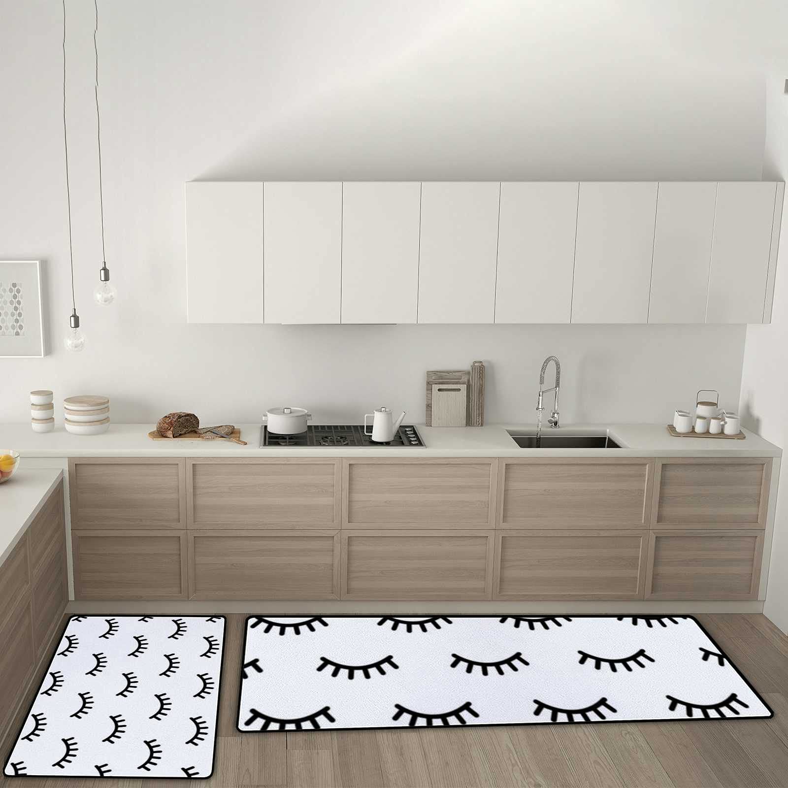 Non-Slip Cartoon Eyelashes Doodle Kitchen Rugs Set - 2 Piece Absorbent Coral Velvet Washable Floor Mats (17.7x29.1Inch + 17.7x58.2Inch) - Perfect for Kitchen, Entryway, and Laundry Room Decor