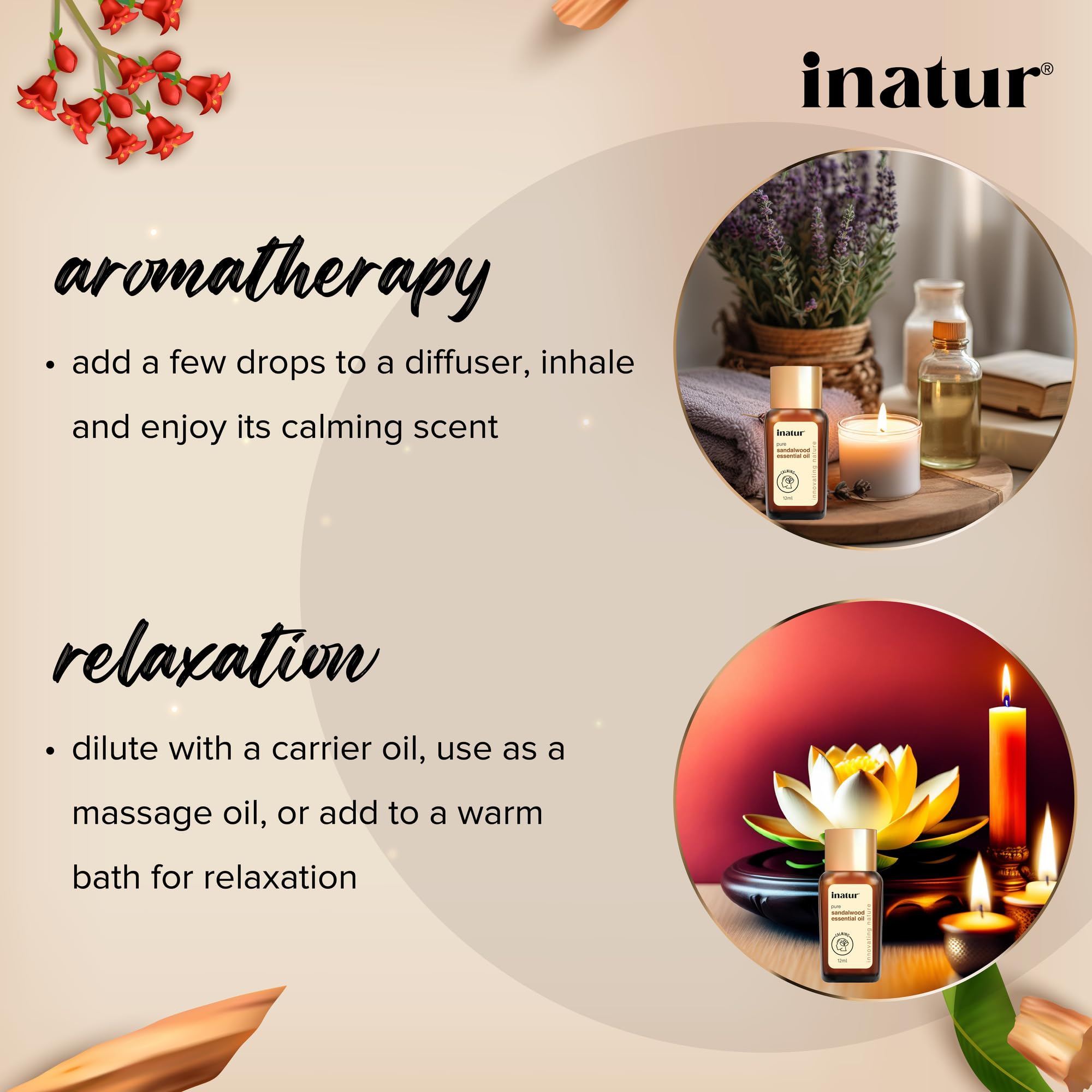 Pure & Natural inatur Sandalwood Essential Oil 12ml - Hydrating Face & Skin Care, Aromatherapy Oil for Relaxation & Stress Relief - Perfect for Diffusers, Massage, DIY Beauty Products & Spa Treatments