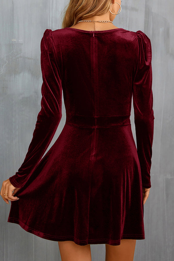 Elegant Solid Velvet V-Neck Long Sleeve Waist Mini Dress for Women | Party, Cocktail, Evening, Date Night Outfits