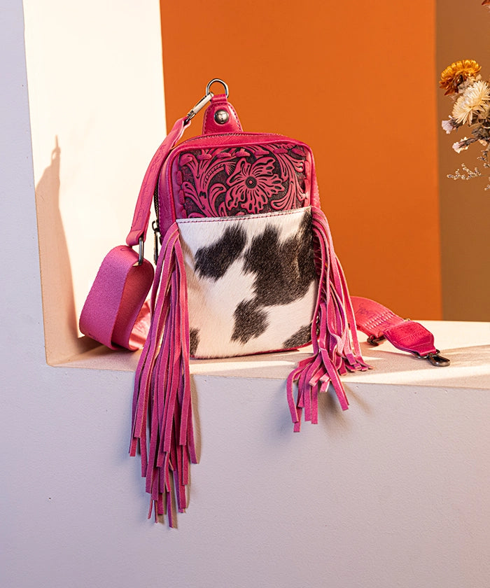 Genuine Hair-On Cowhide Fringe Sling Bag - Hand-Tooled Leather Crossbody Purse for Women | Western Boho Fashion Accessory | Perfect for Concerts, Festivals & Everyday Use